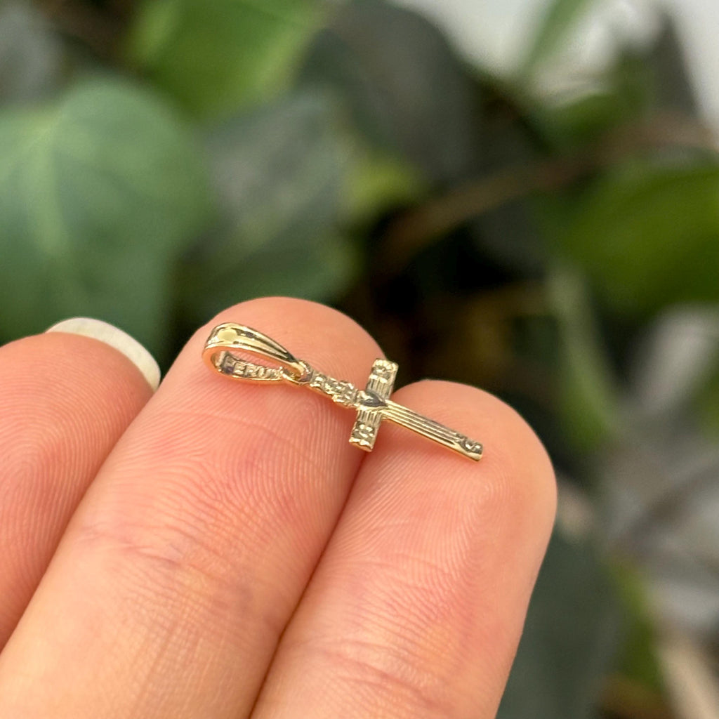 10k Gold Heart and Flower Cross Mini Charm Pendant