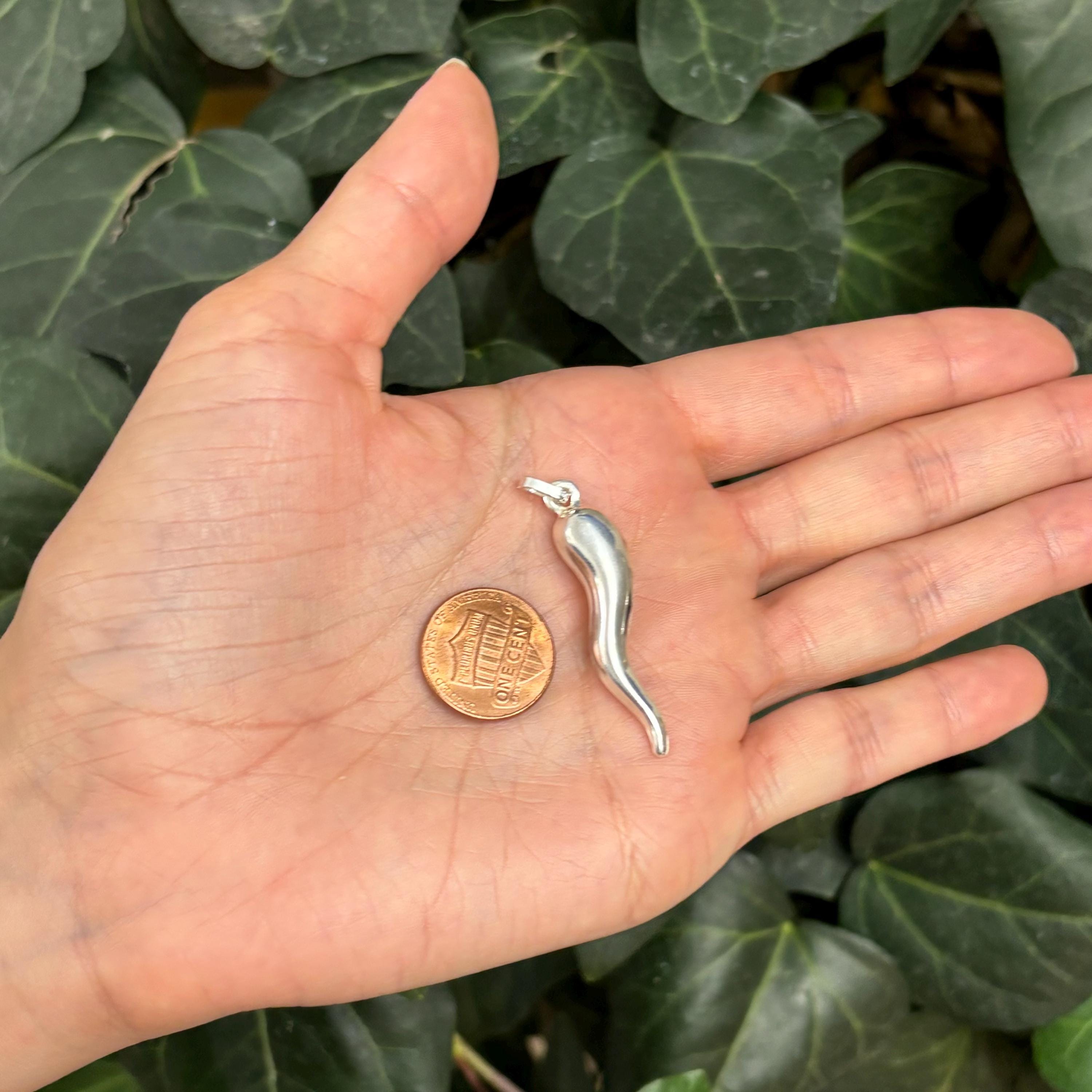 Sterling Silver Italian Horn Corno Pendant 3D 41mm