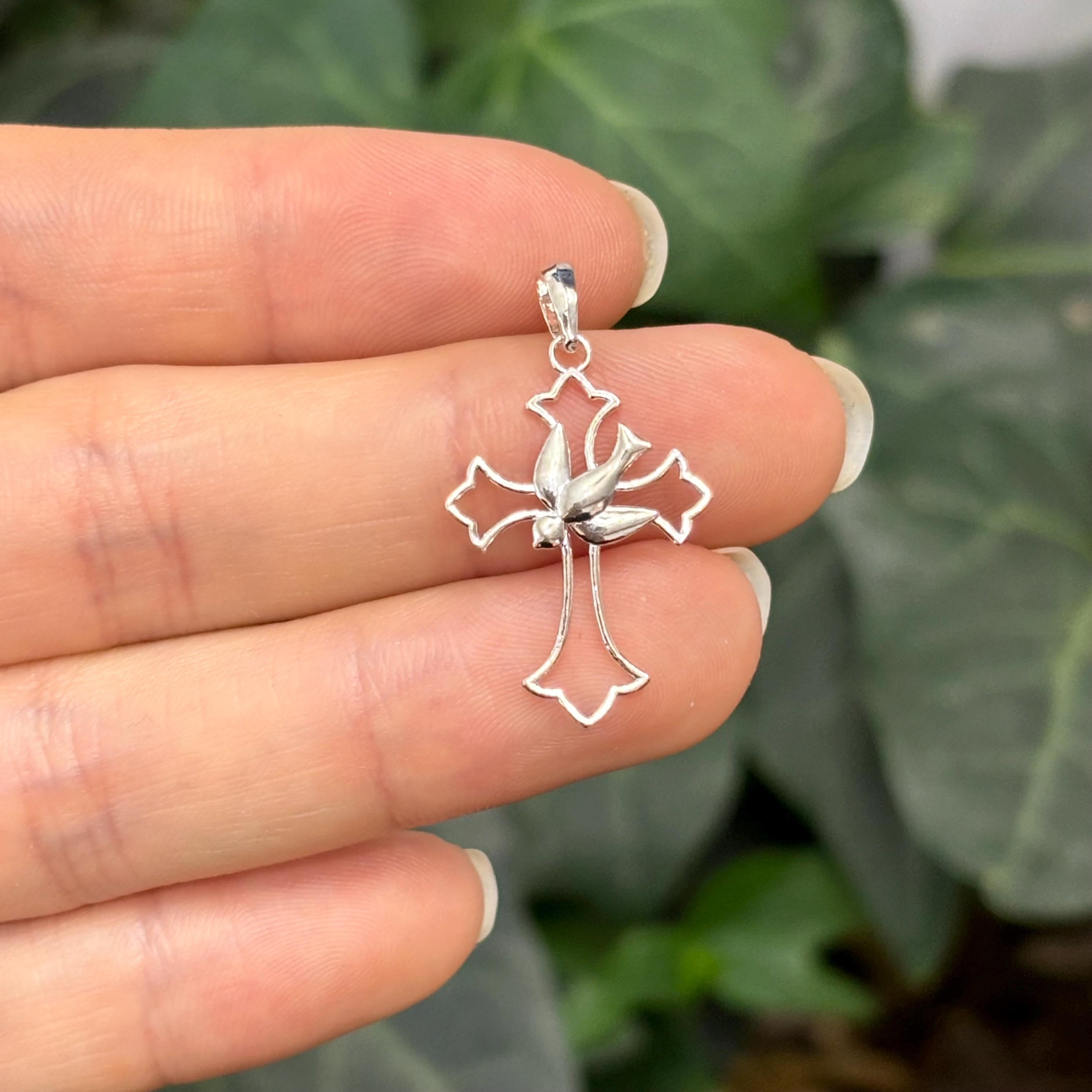 Sterling Silver Dove Fleur de Lis Cross Charm Pendant