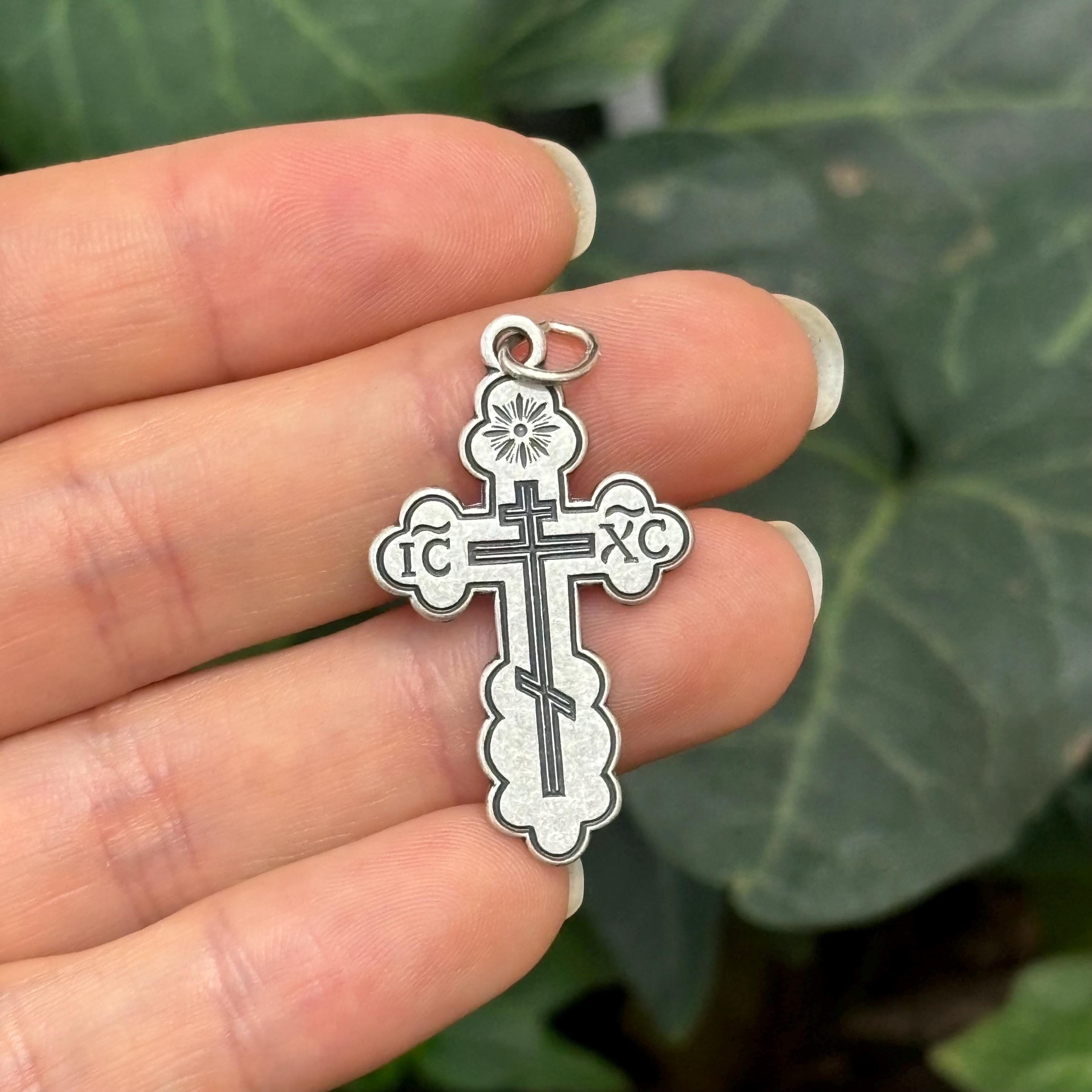 Sterling Silver Eastern Orthodox Cross Charm Pendant 32mm Large
