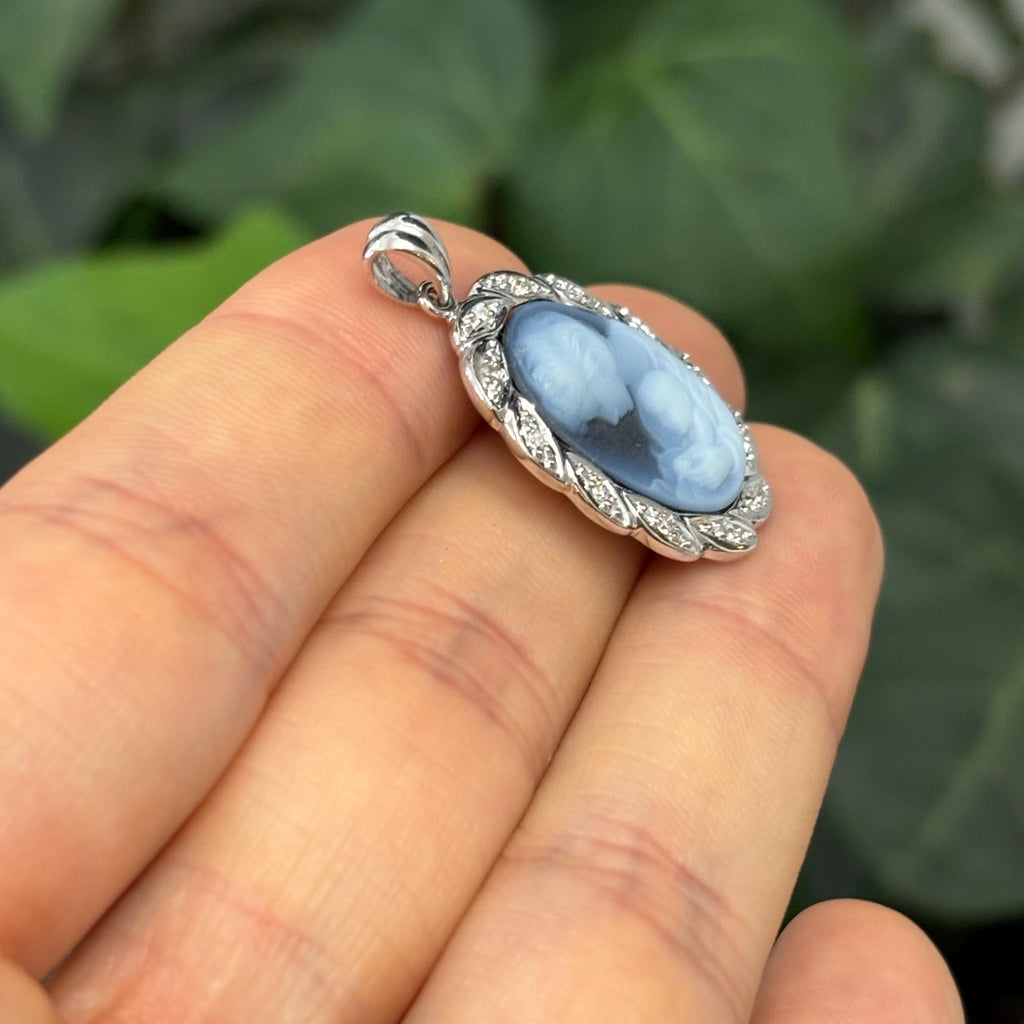 14k White Gold Blue Agate Cameo Mother and Child Oval Diamond Pendant