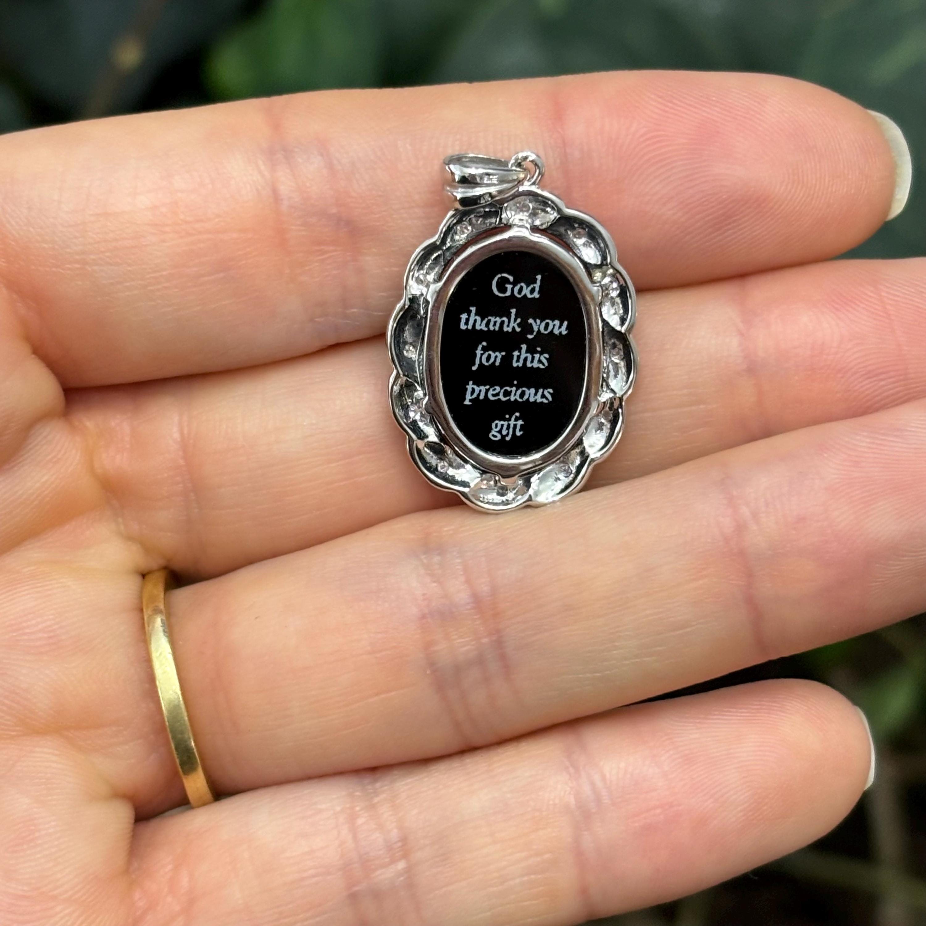 14k White Gold Blue Agate Cameo Mother and Child Oval Diamond Pendant