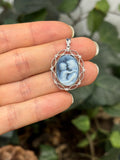 14k White Gold Blue Agate Cameo Mother and Child Oval Diamond Pendant