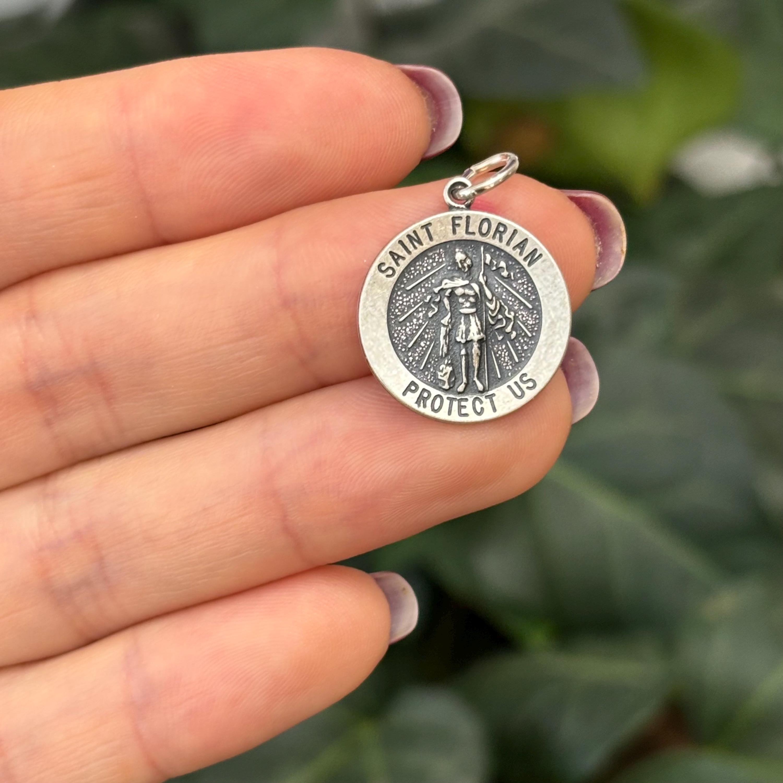 Sterling Silver St Florian Round Medal Pendant 20mm