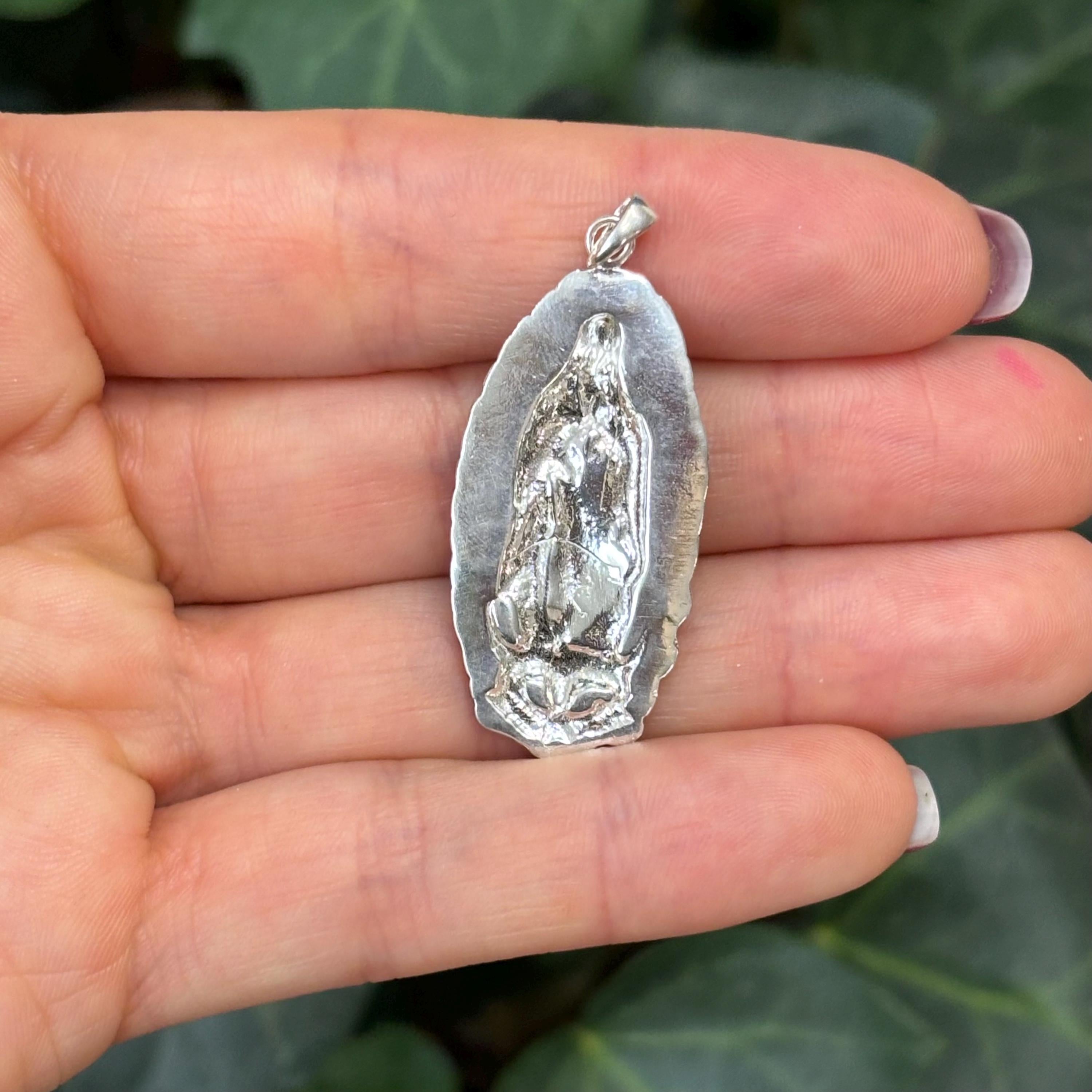 Sterling Silver Guadalupe Mary Oval Medal Pendant 49mm