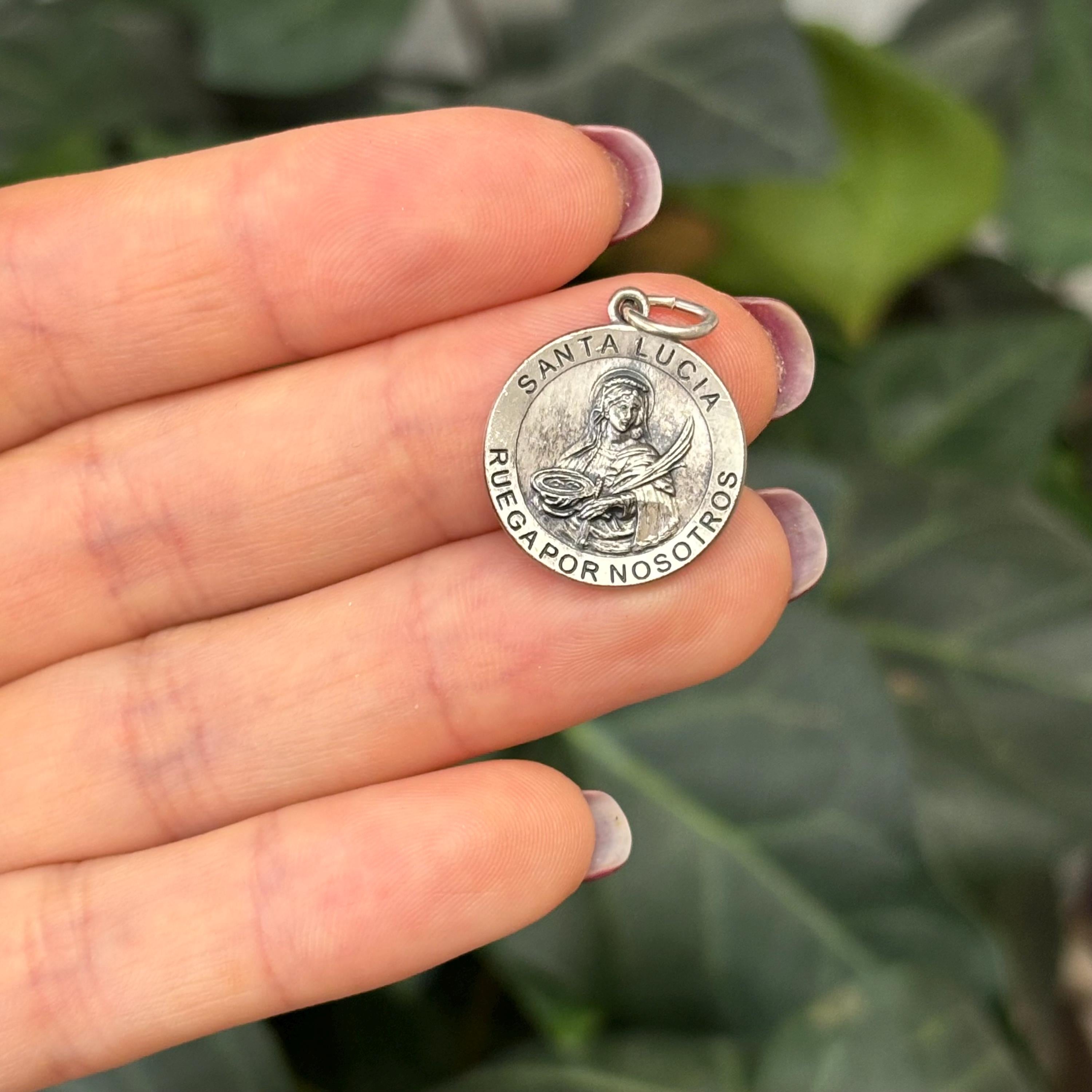 Sterling Silver Santa Lucia Round Medal Pendant 19mm Spanish Lucy