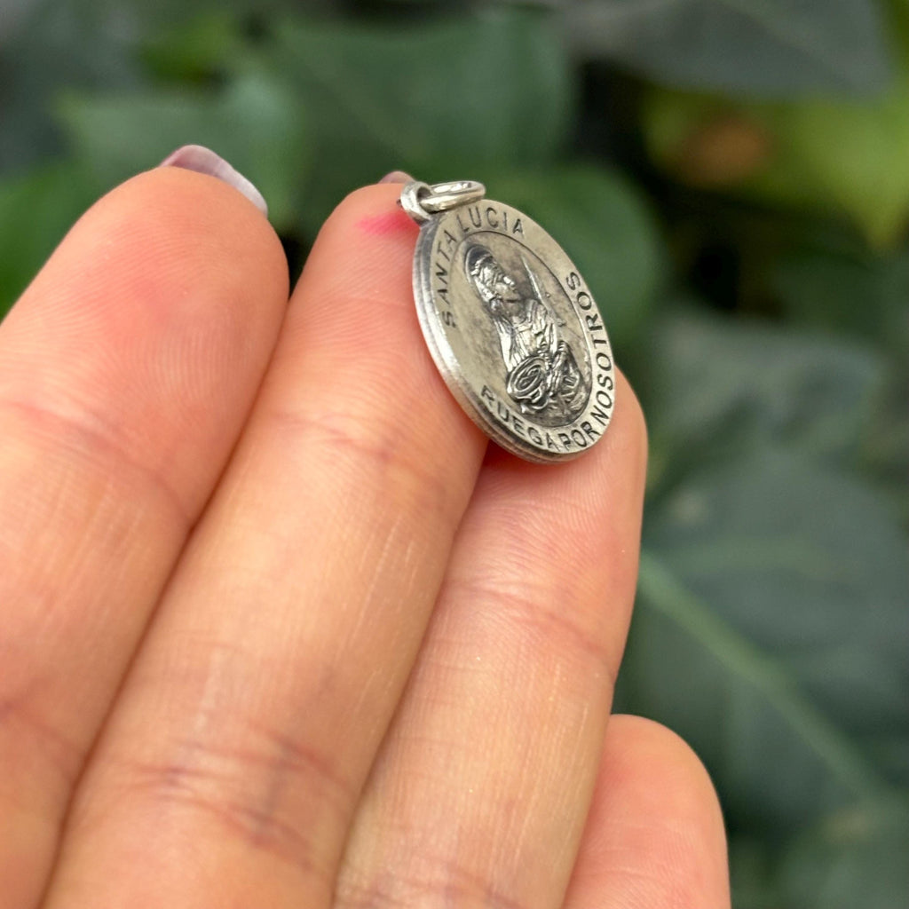 Sterling Silver Santa Lucia Round Medal Pendant 19mm Spanish Lucy