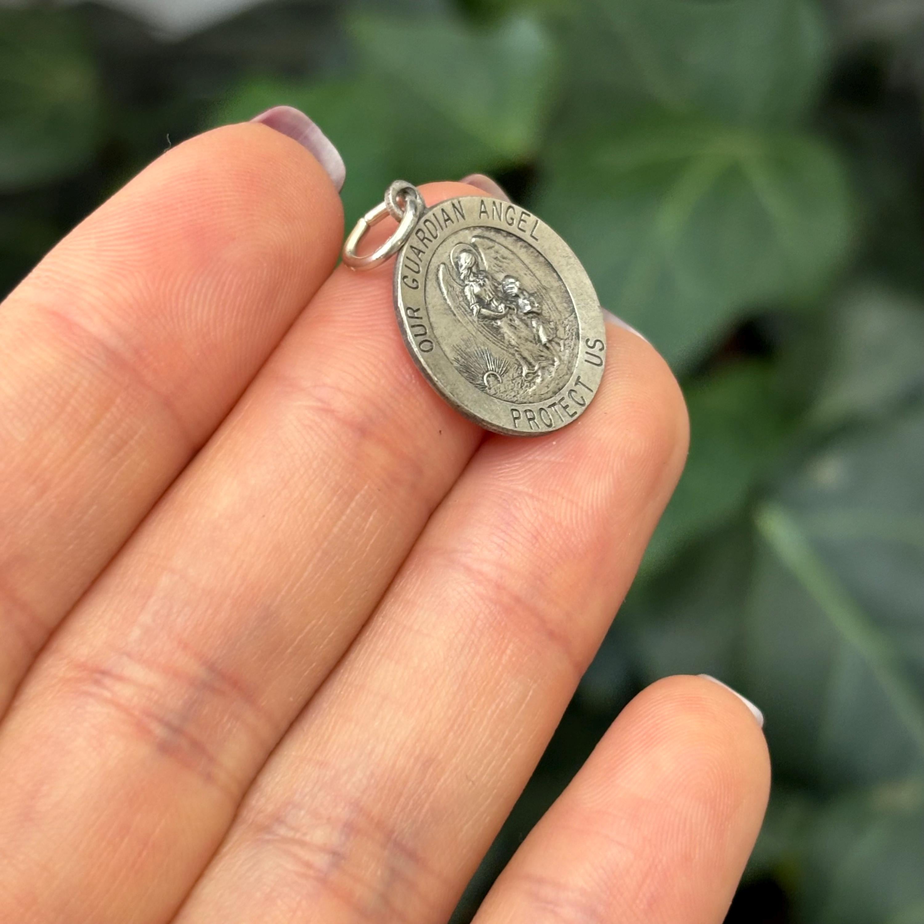 Sterling Silver Our Guardian Angel Round Medal Charm Pendant 20mm