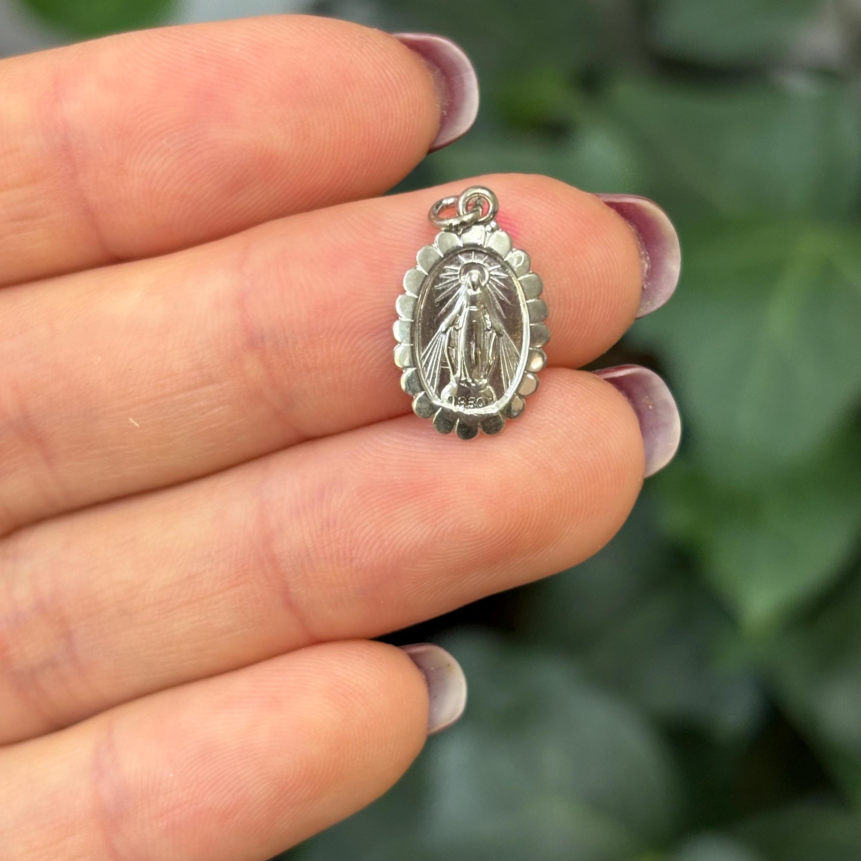 Sterling Silver Miraculous Medal Oval Framed Charm Pendant 17mm x 10mm