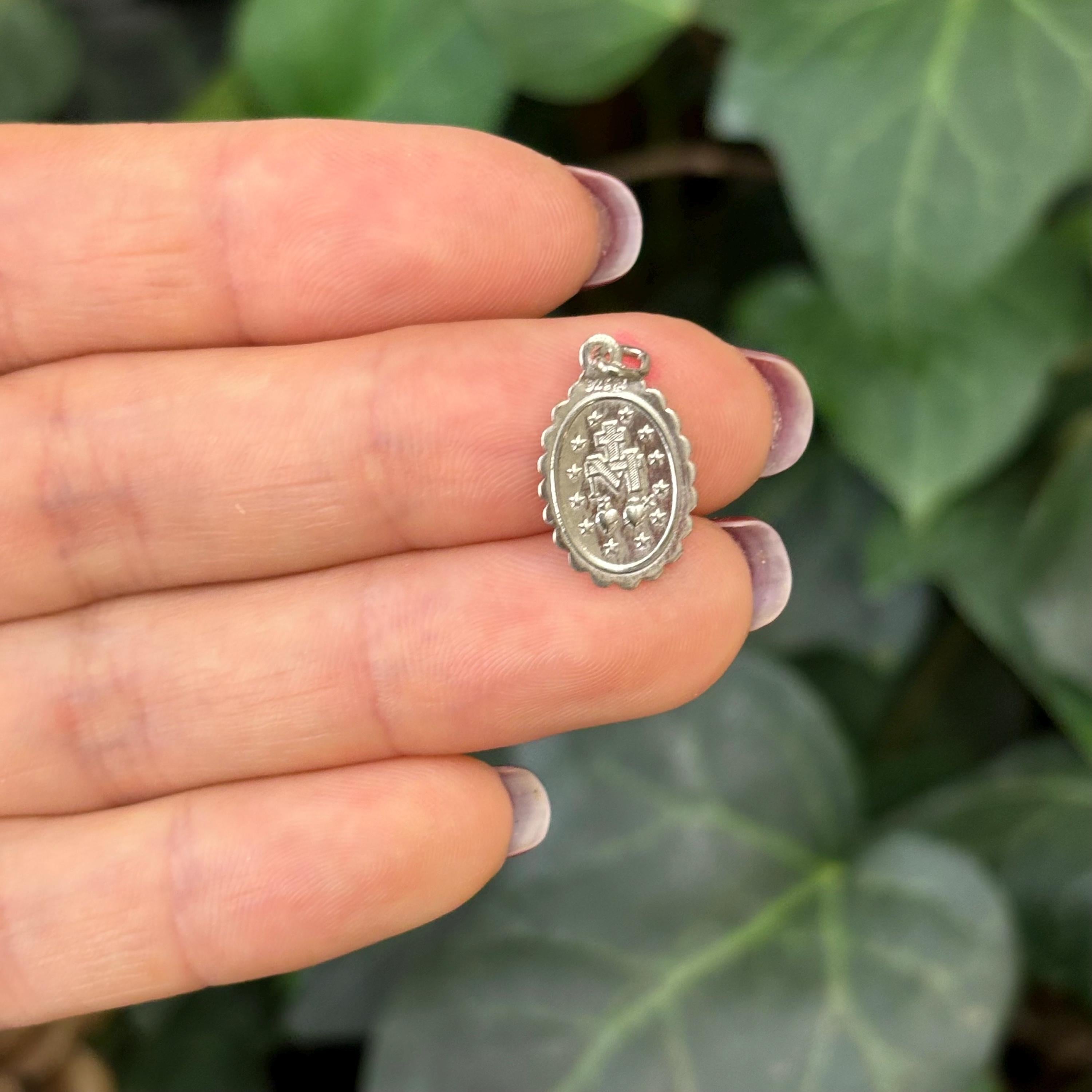 Sterling Silver Miraculous Medal Oval Framed Charm Pendant 17mm x 10mm