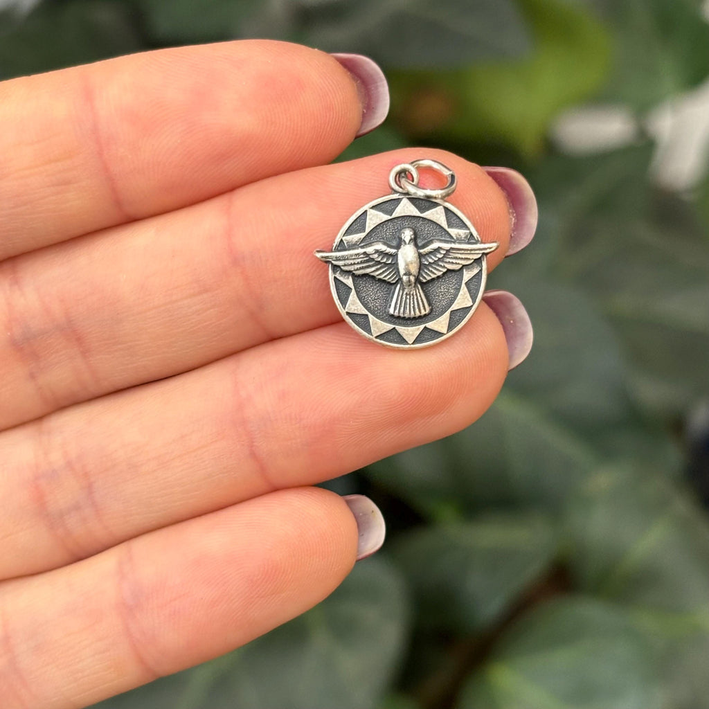 Sterling Silver Holy Spirit Dove Round Medal Charm Pendant
