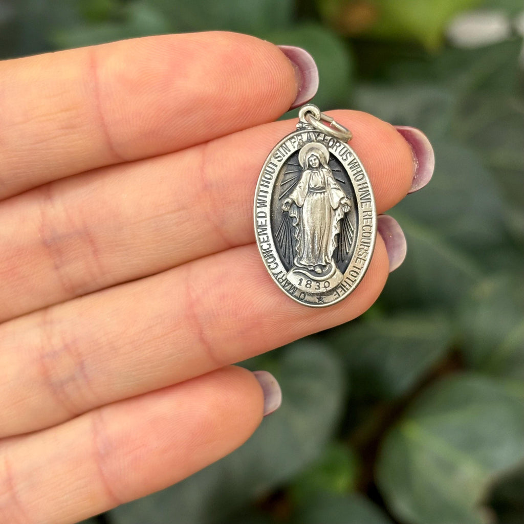 Sterling Silver Miraculous Medal Oval Medal Pendant 26mm x 15mm