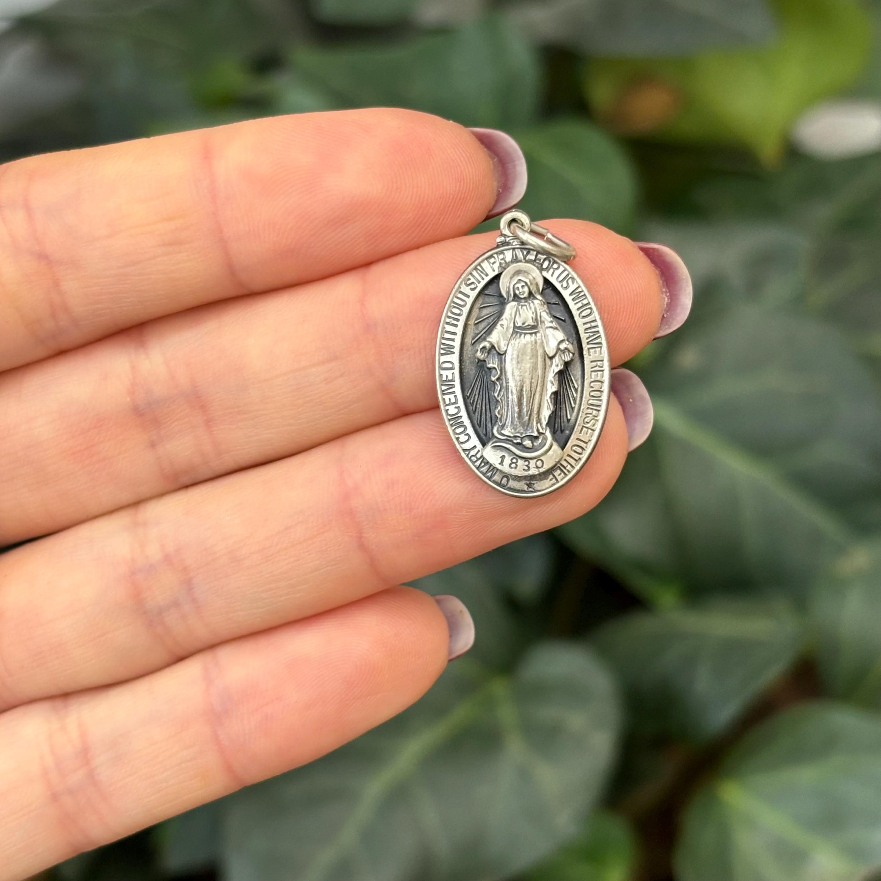 Sterling Silver Miraculous Medal Oval Medal Pendant 26mm x 15mm