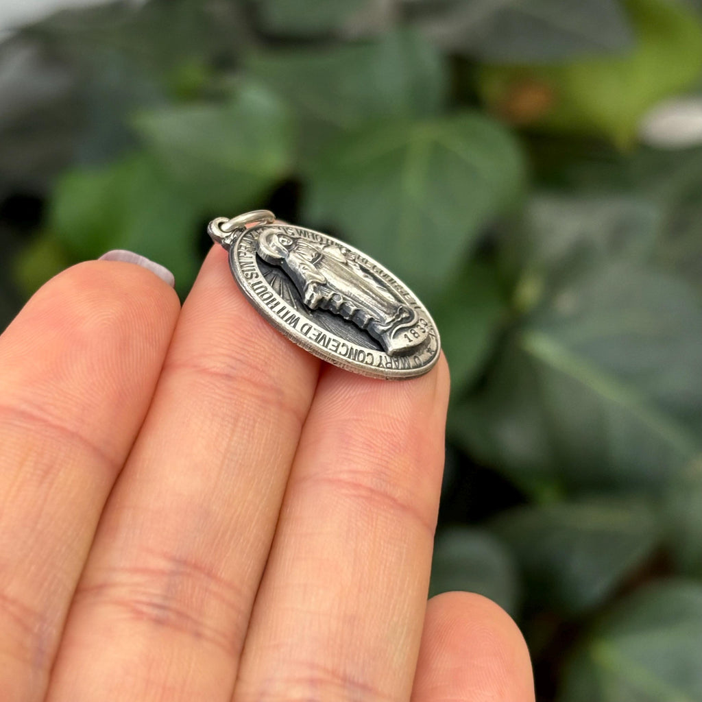 Sterling Silver Miraculous Medal Oval Medal Pendant 26mm x 15mm