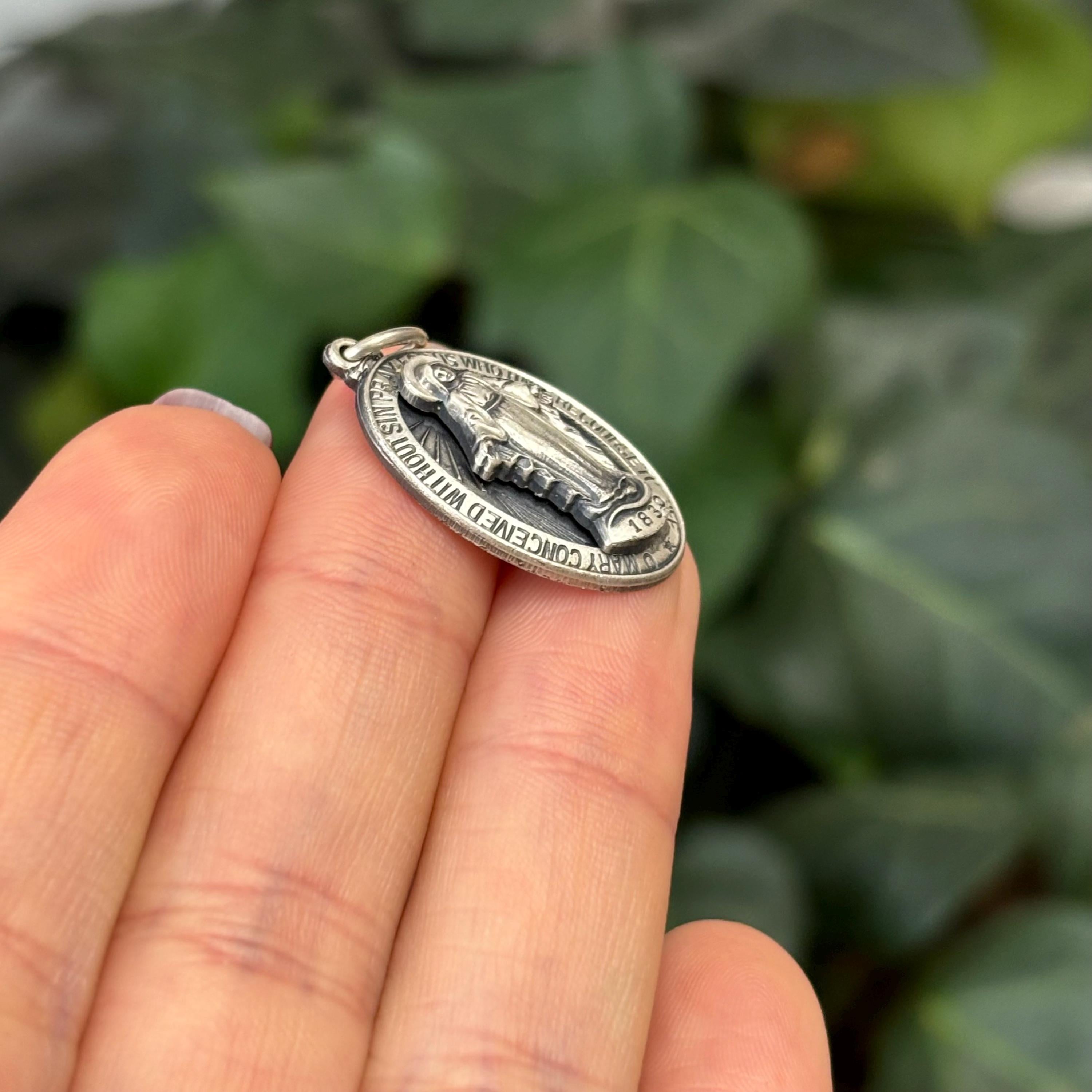 Sterling Silver Miraculous Medal Oval Medal Pendant 26mm x 15mm