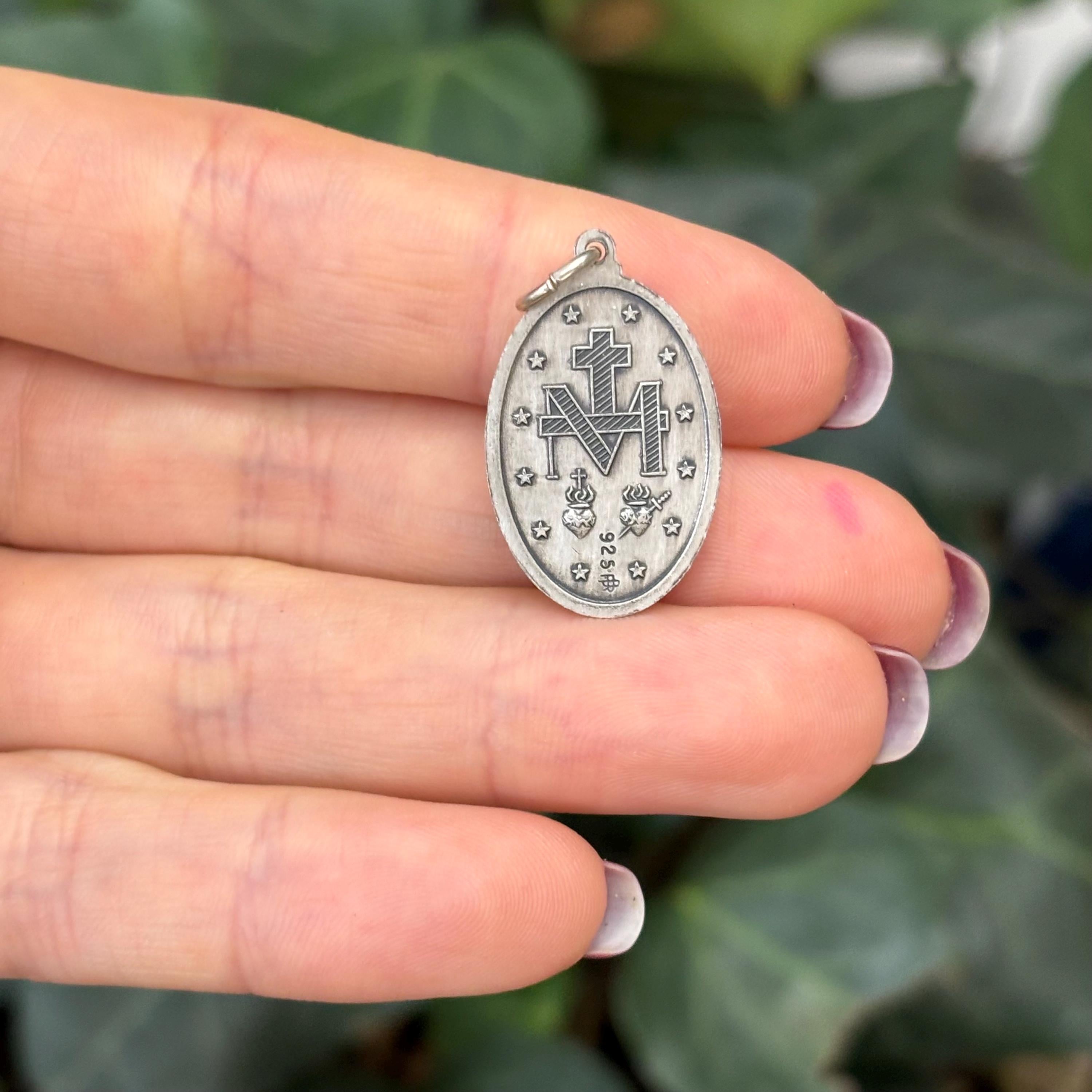 Sterling Silver Miraculous Medal Oval Medal Pendant 26mm x 15mm