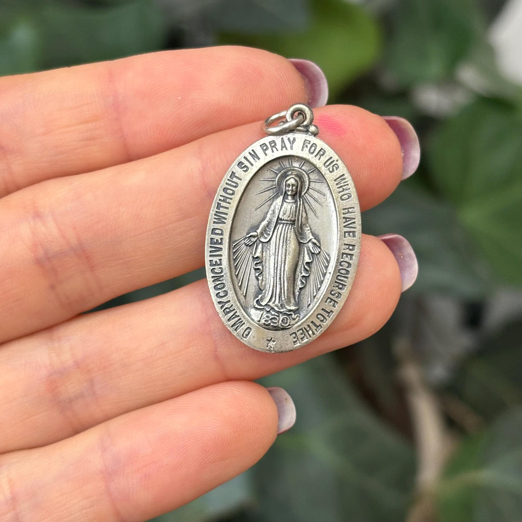 Sterling Silver Miraculous Medal Oval Medal Pendant 33mm x 20mm