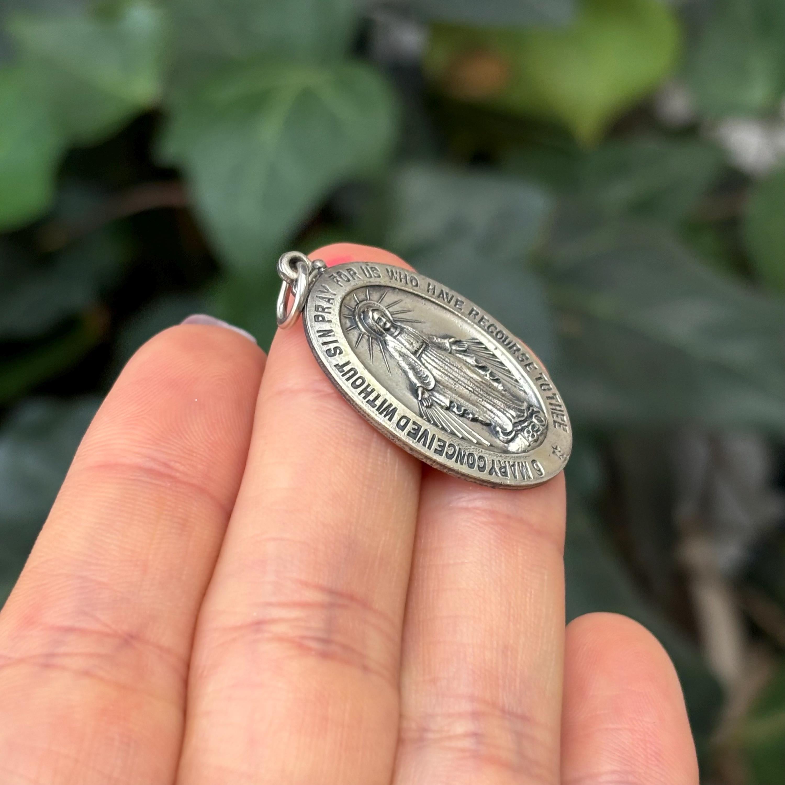 Sterling Silver Miraculous Medal Oval Medal Pendant 33mm x 20mm