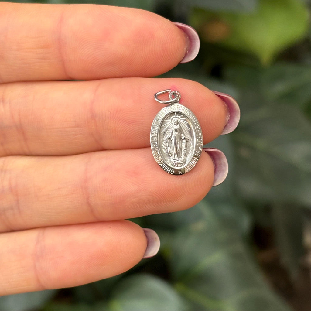 Sterling Silver Miraculous Medal Oval Medal Charm Pendant 17mm x 10mm
