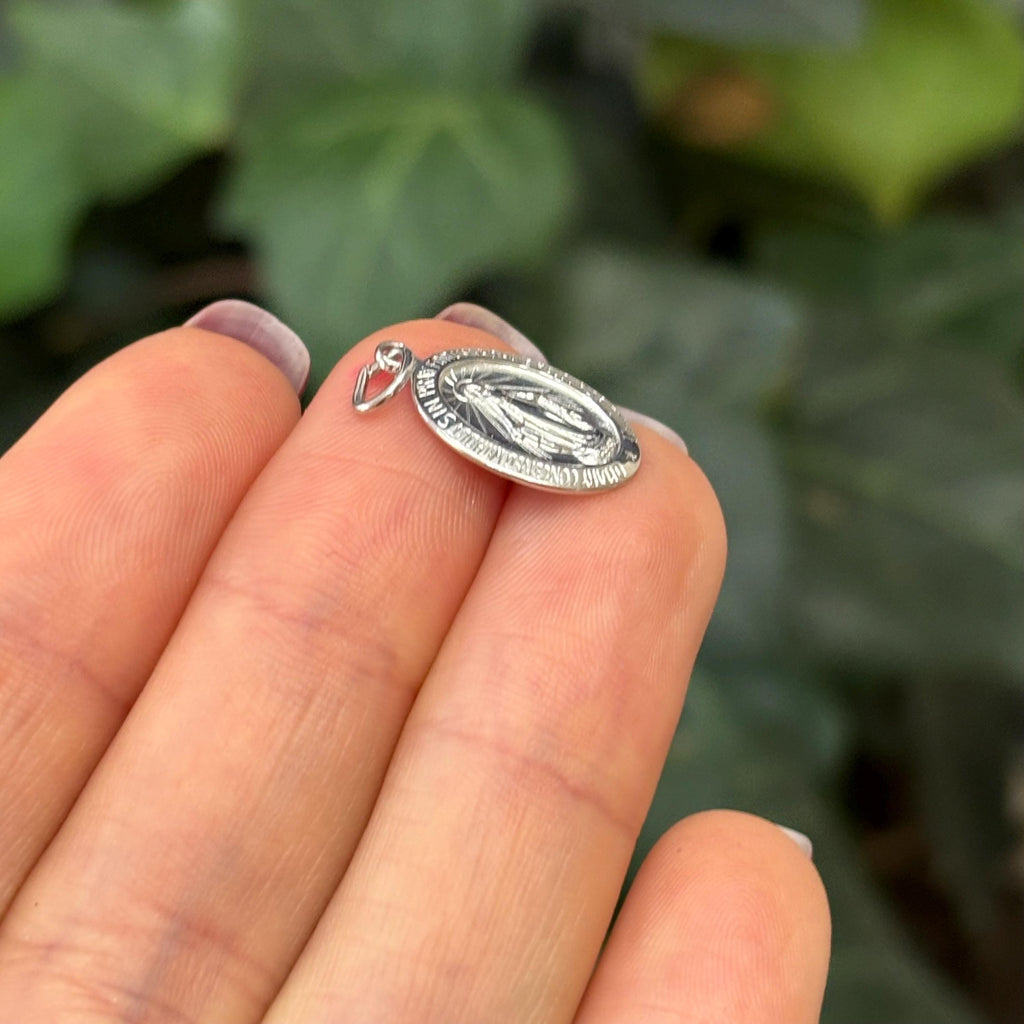 Sterling Silver Miraculous Medal Oval Medal Charm Pendant 17mm x 10mm