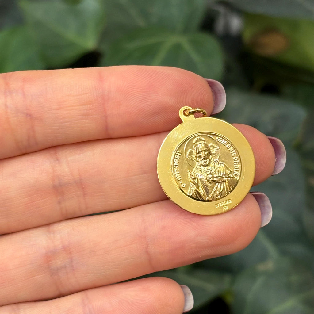 24k Yellow Gold-Plated Sterling Silver Queen of Holy Scapular Medal Round Pendant 22mm
