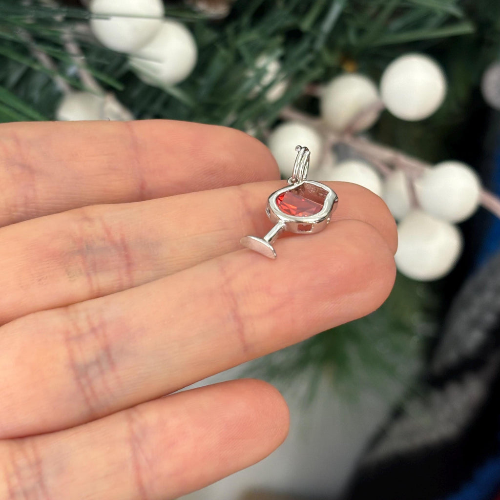 Sterling Silver Red CZ Wine Glass Pendant Charm Split Ring