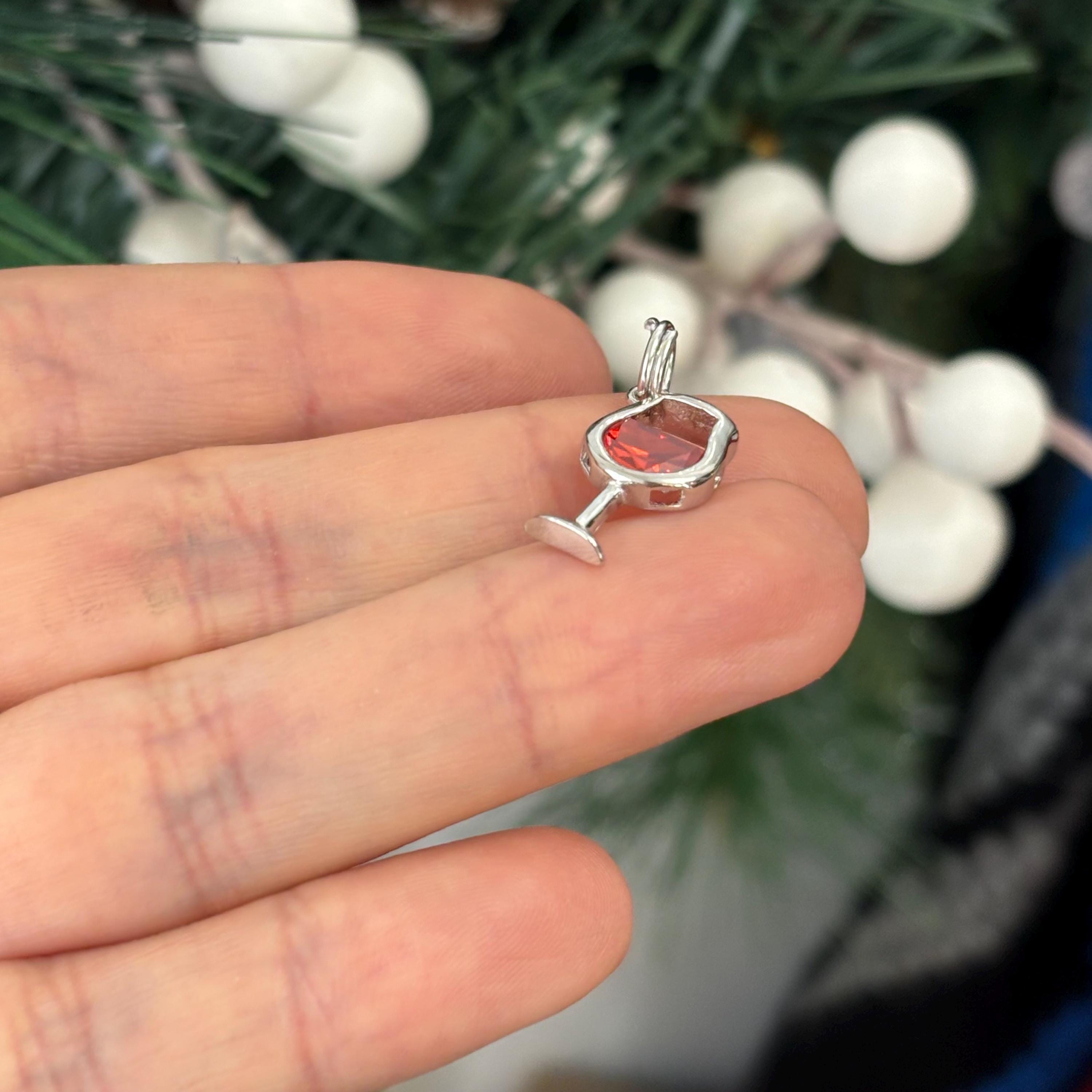 Sterling Silver Red CZ Wine Glass Pendant Charm Split Ring