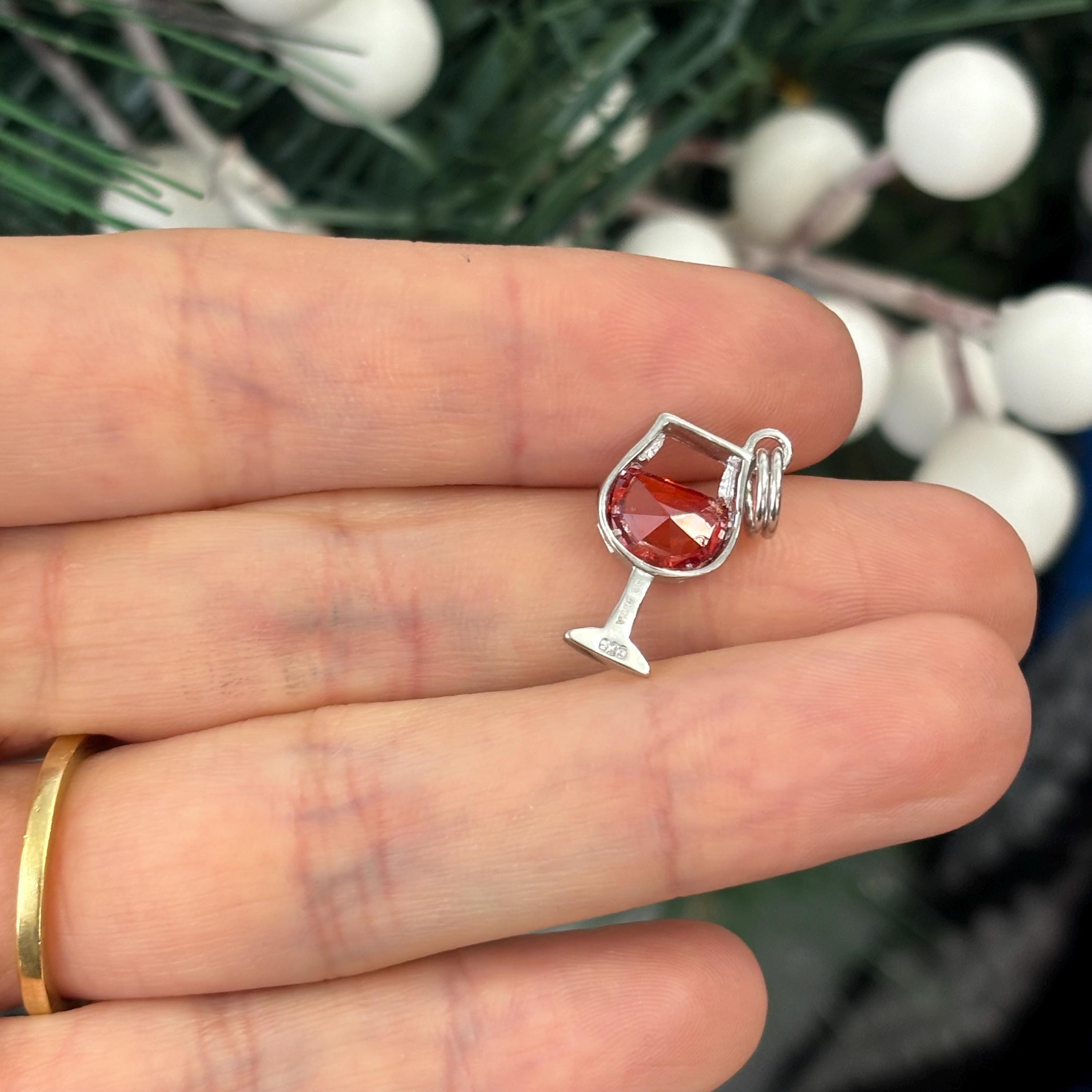 Sterling Silver Red CZ Wine Glass Pendant Charm Split Ring