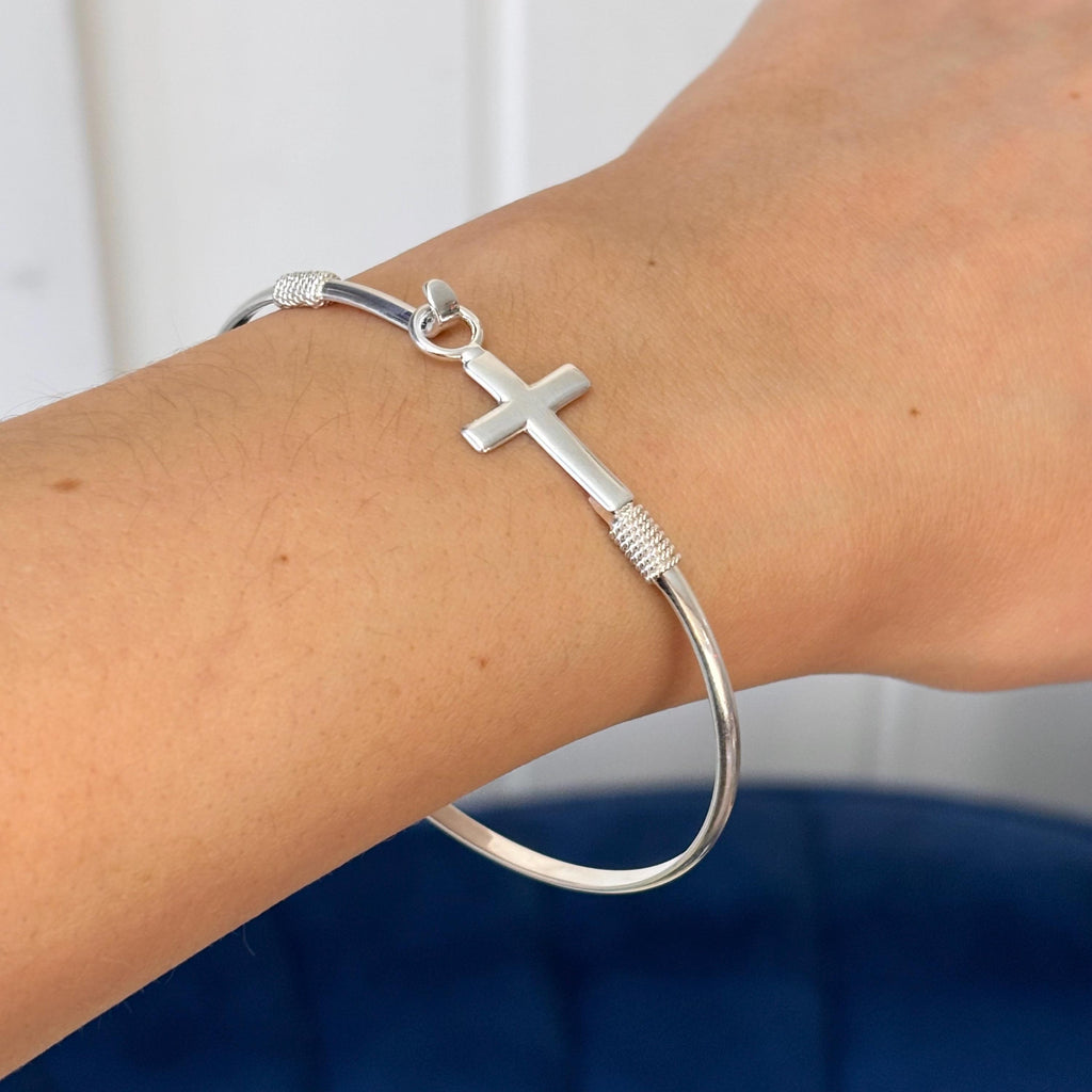 Sterling Silver Horizontal Cross Bangle Bracelet