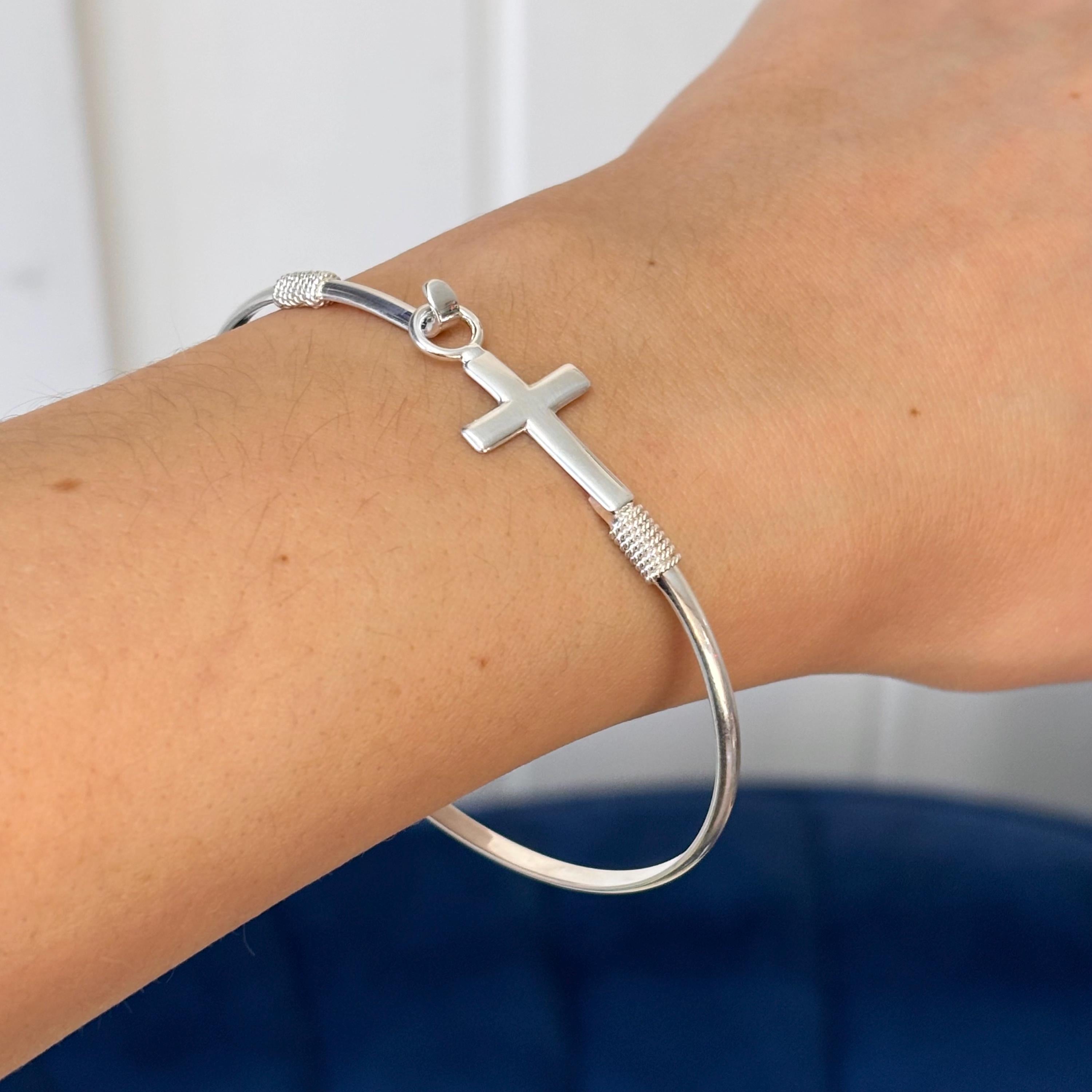 Sterling Silver Horizontal Cross Bangle Bracelet