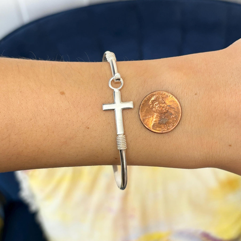 Sterling Silver Horizontal Cross Bangle Bracelet