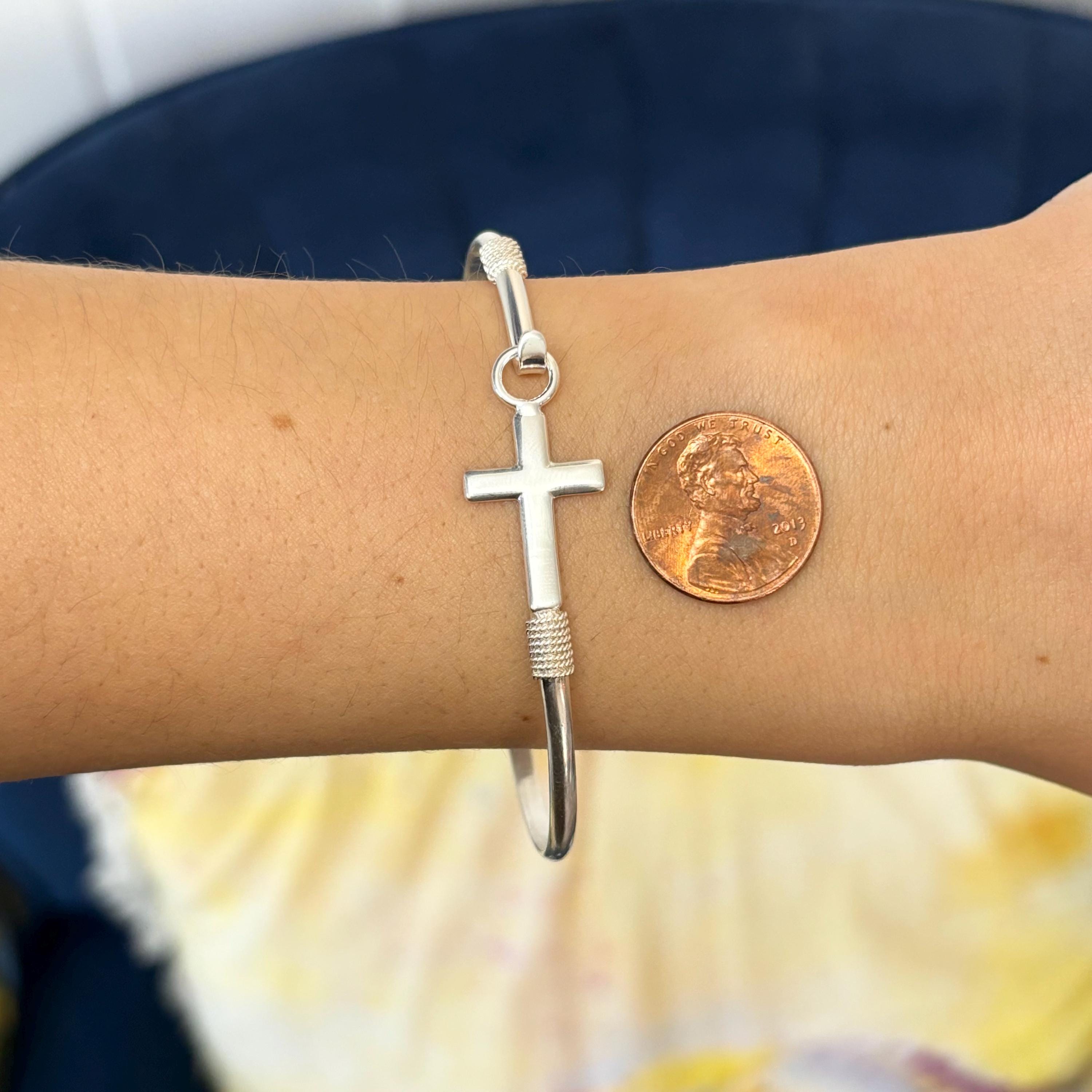 Sterling Silver Horizontal Cross Bangle Bracelet
