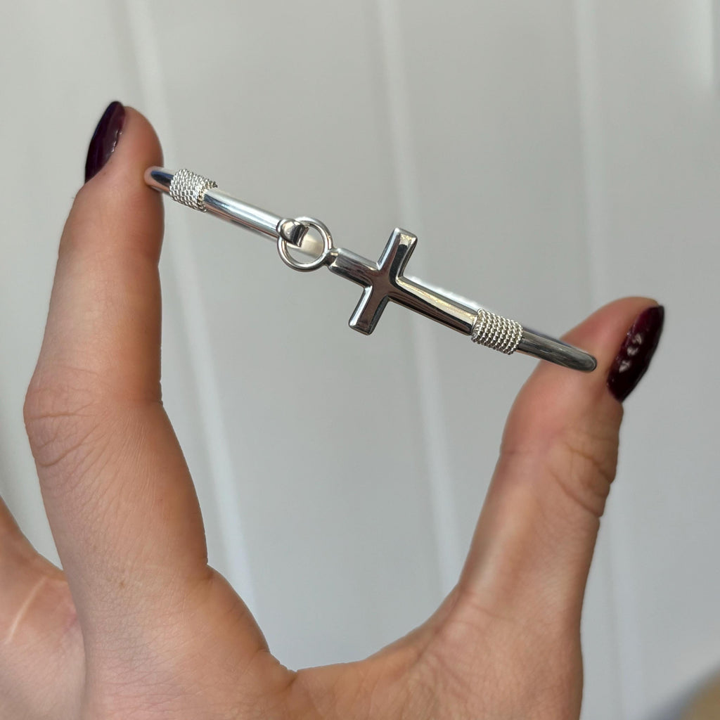 Sterling Silver Horizontal Cross Bangle Bracelet