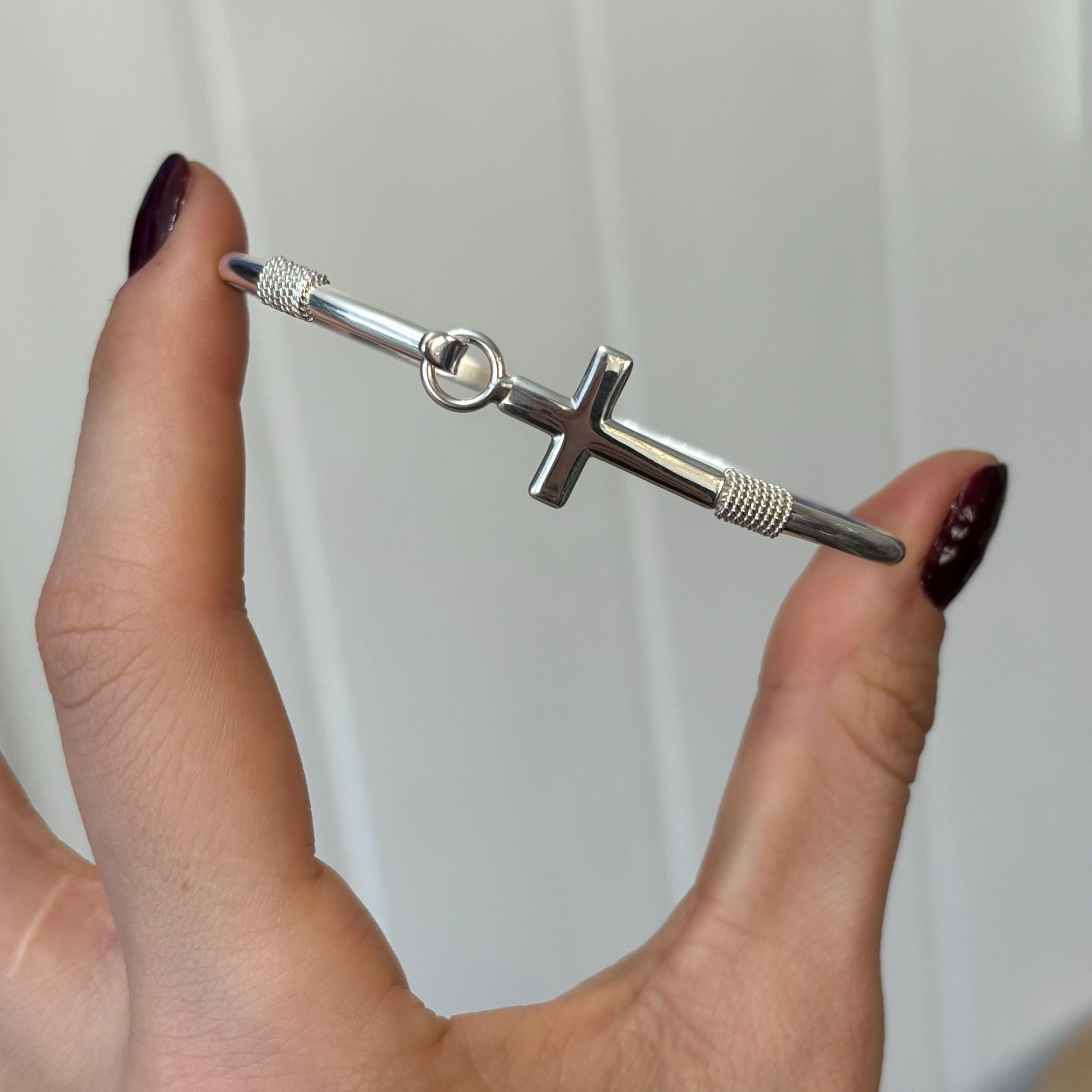 Sterling Silver Horizontal Cross Bangle Bracelet