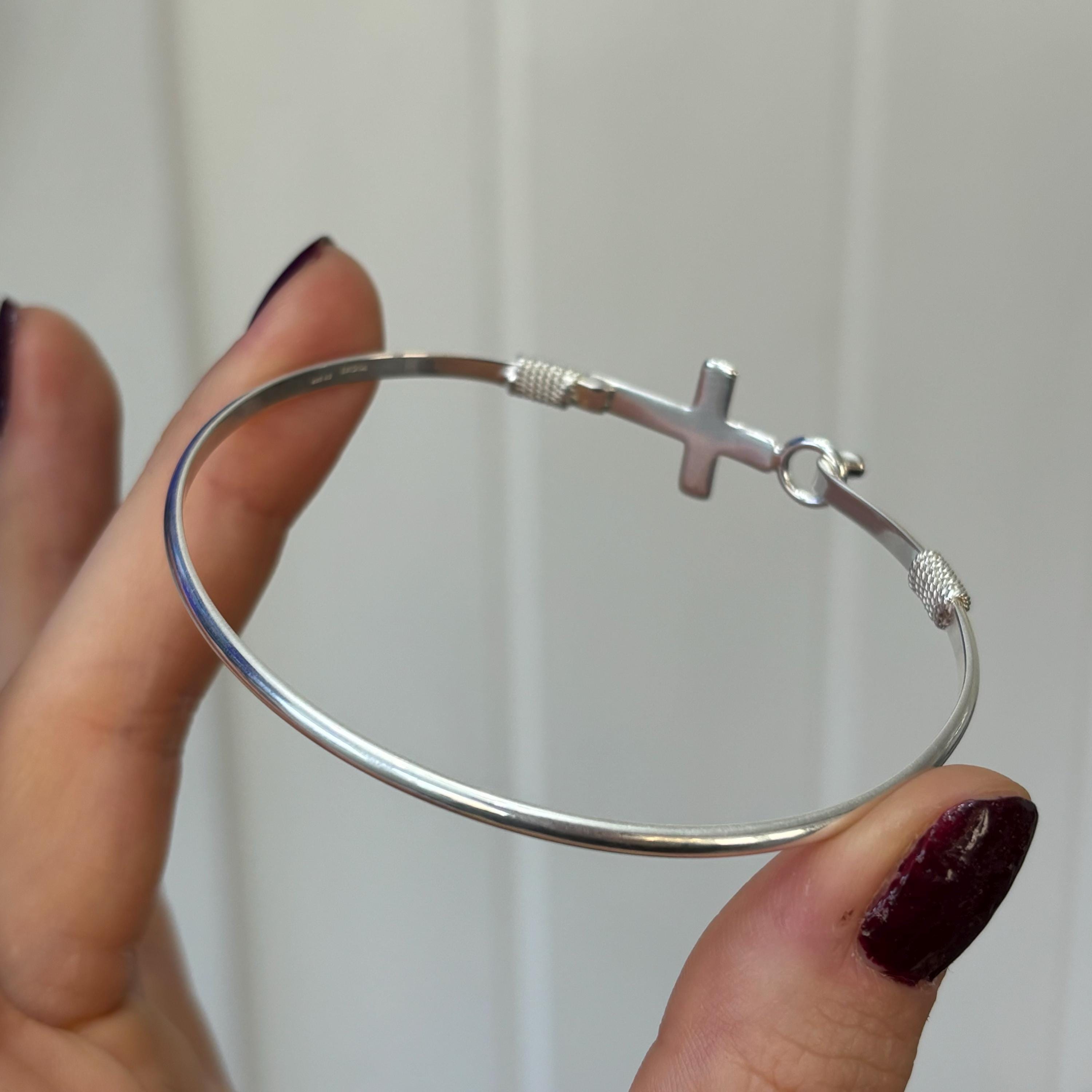 Sterling Silver Horizontal Cross Bangle Bracelet