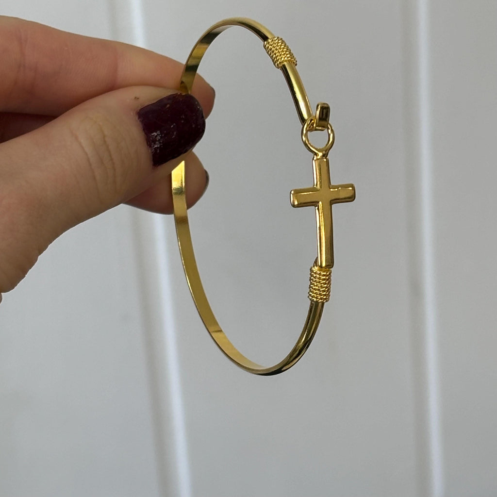 Gold Plated Sterling Silver Horizontal Cross Bangle Bracelet