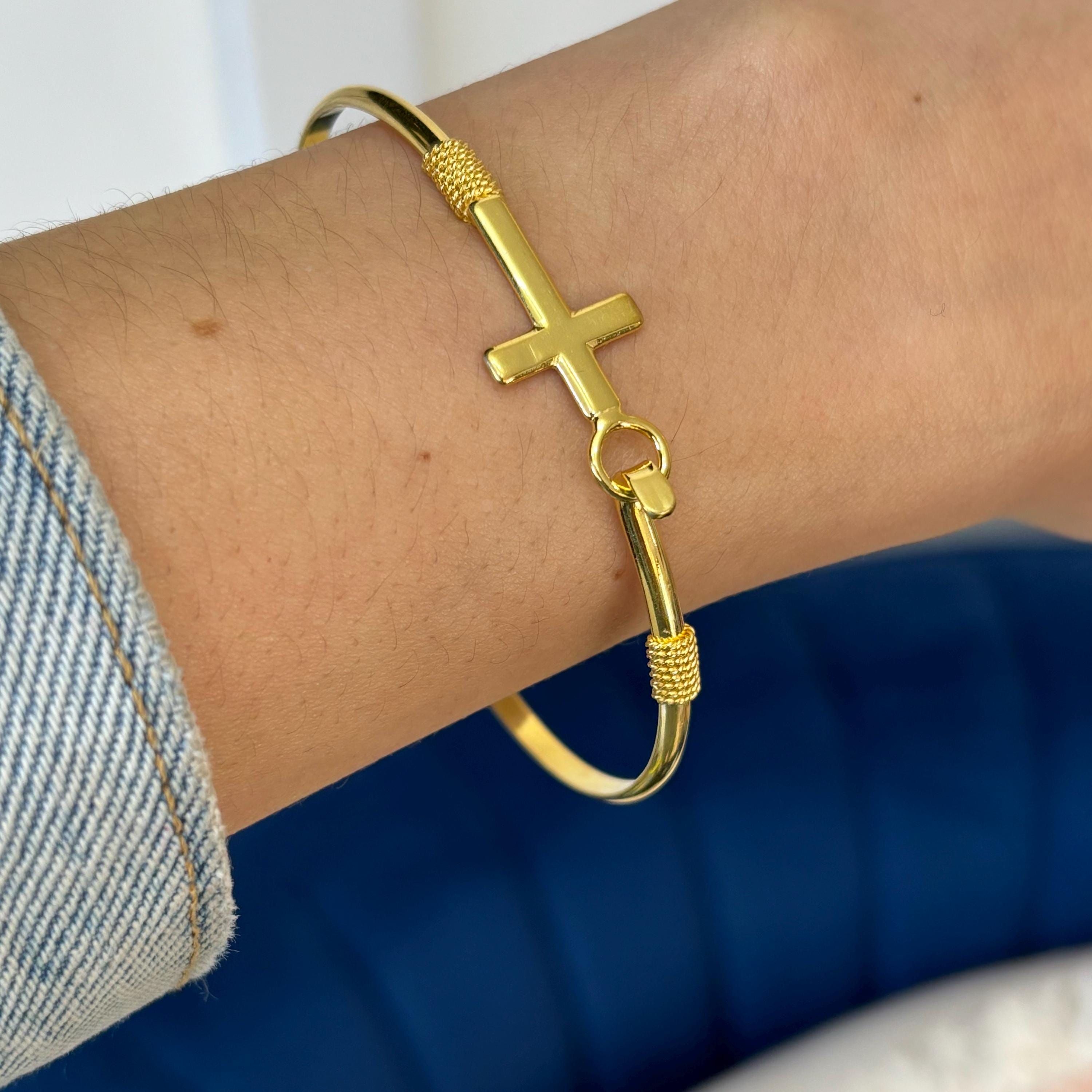 Gold Plated Sterling Silver Horizontal Cross Bangle Bracelet