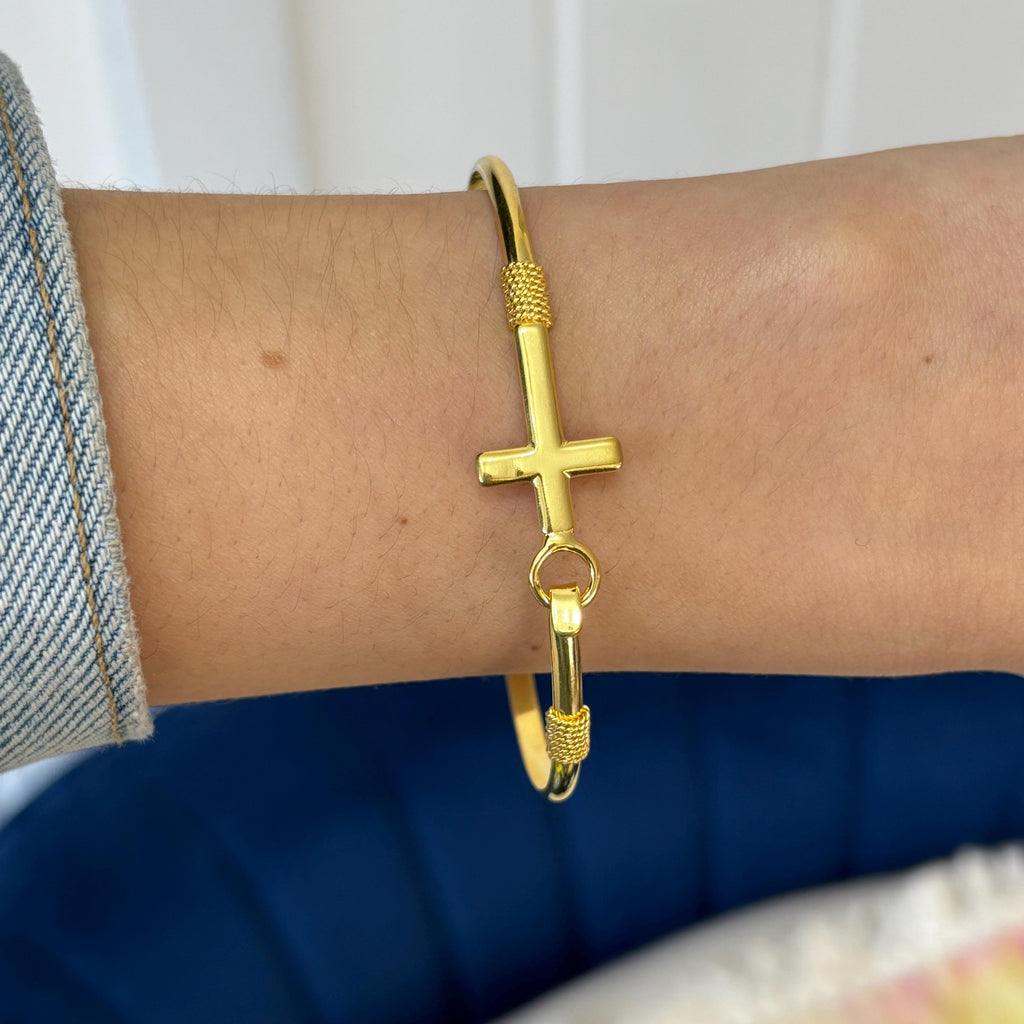 Gold Plated Sterling Silver Horizontal Cross Bangle Bracelet