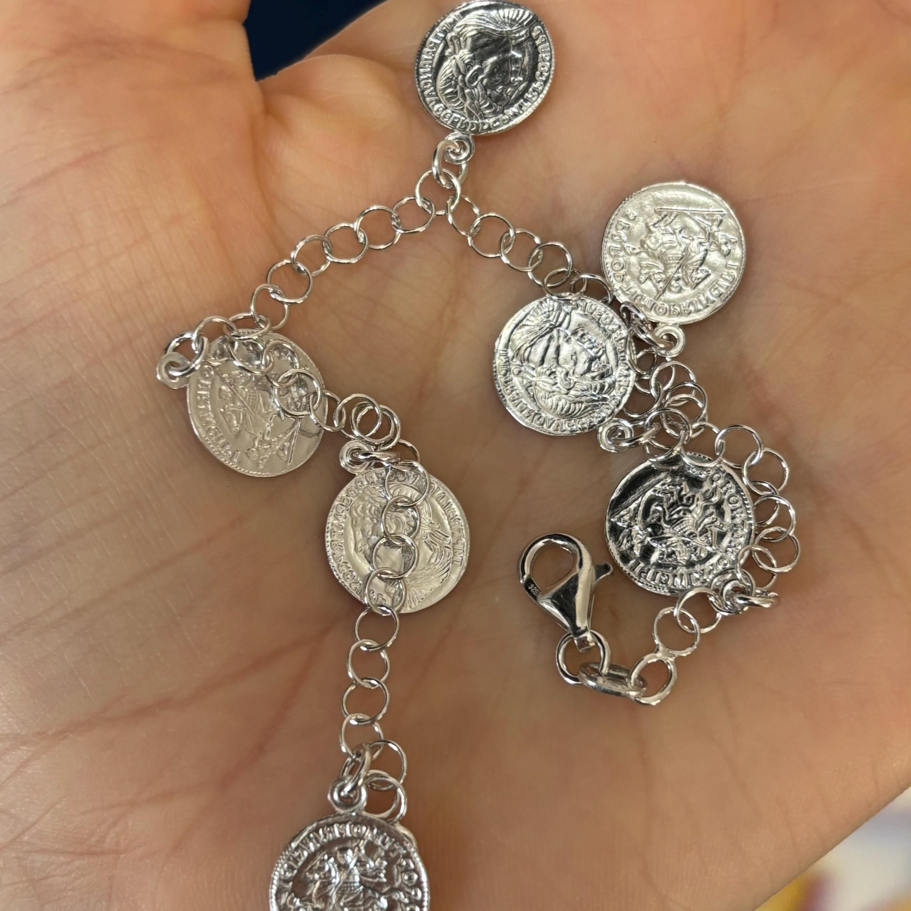 Sterling Silver Rhodium-Plated Roman Coin Charm Bracelet