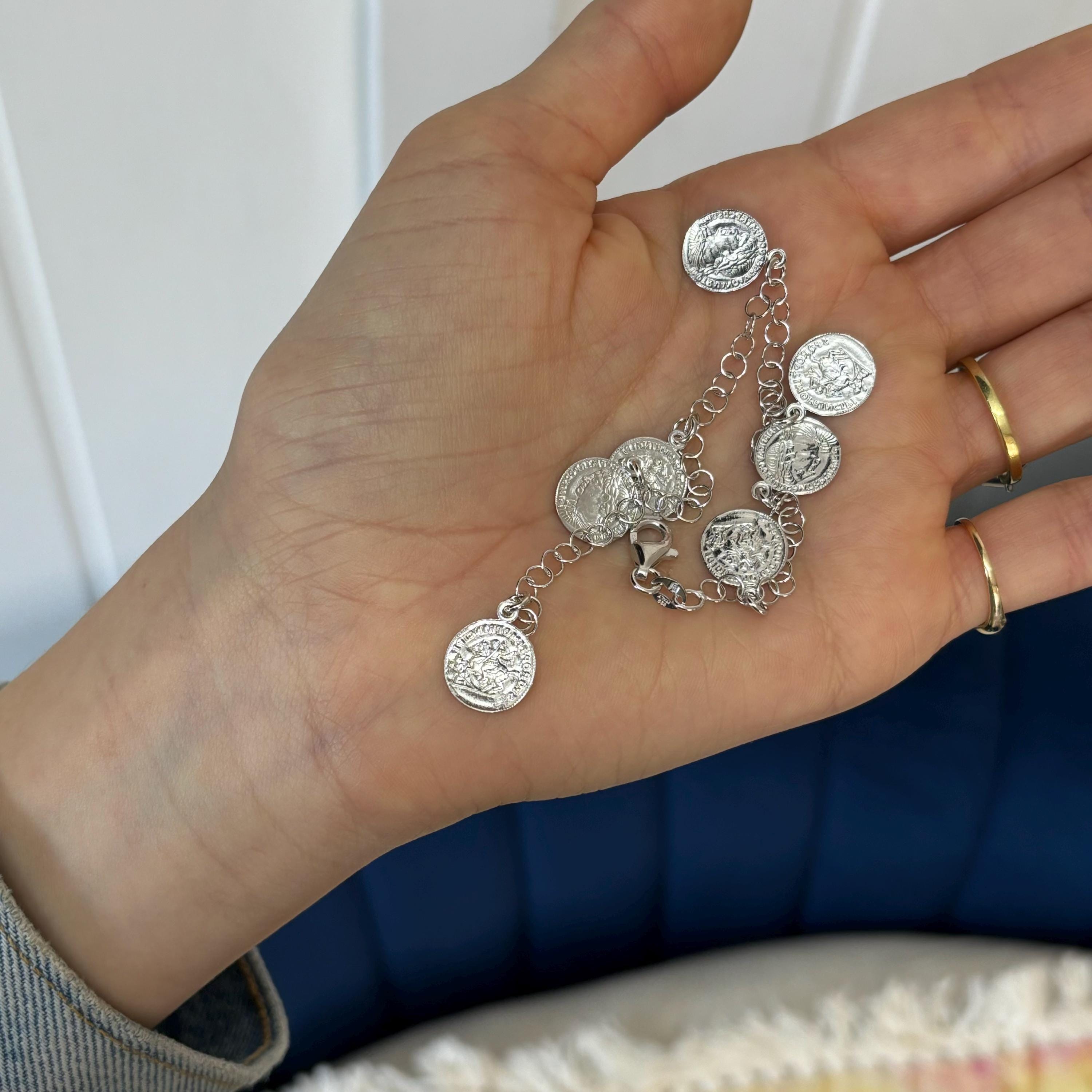 Sterling Silver Rhodium-Plated Roman Coin Charm Bracelet