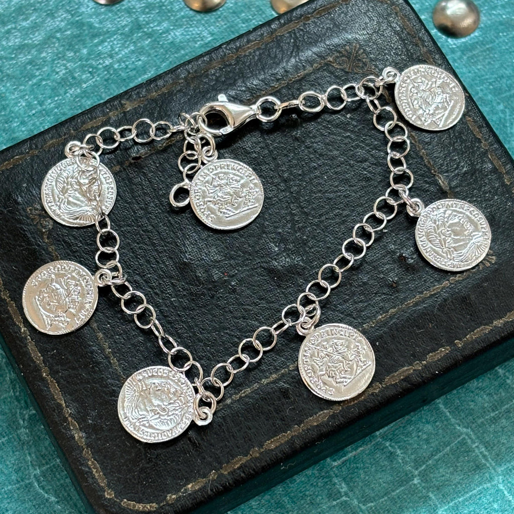 Sterling Silver Rhodium-Plated Roman Coin Charm Bracelet