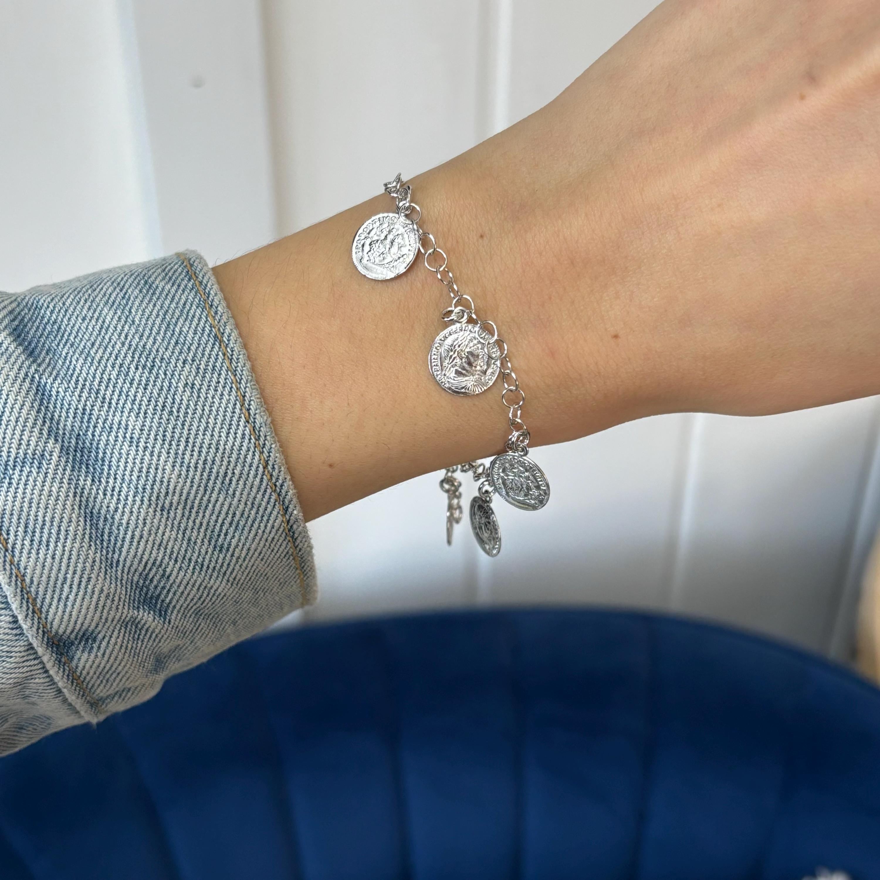 Sterling Silver Rhodium-Plated Roman Coin Charm Bracelet