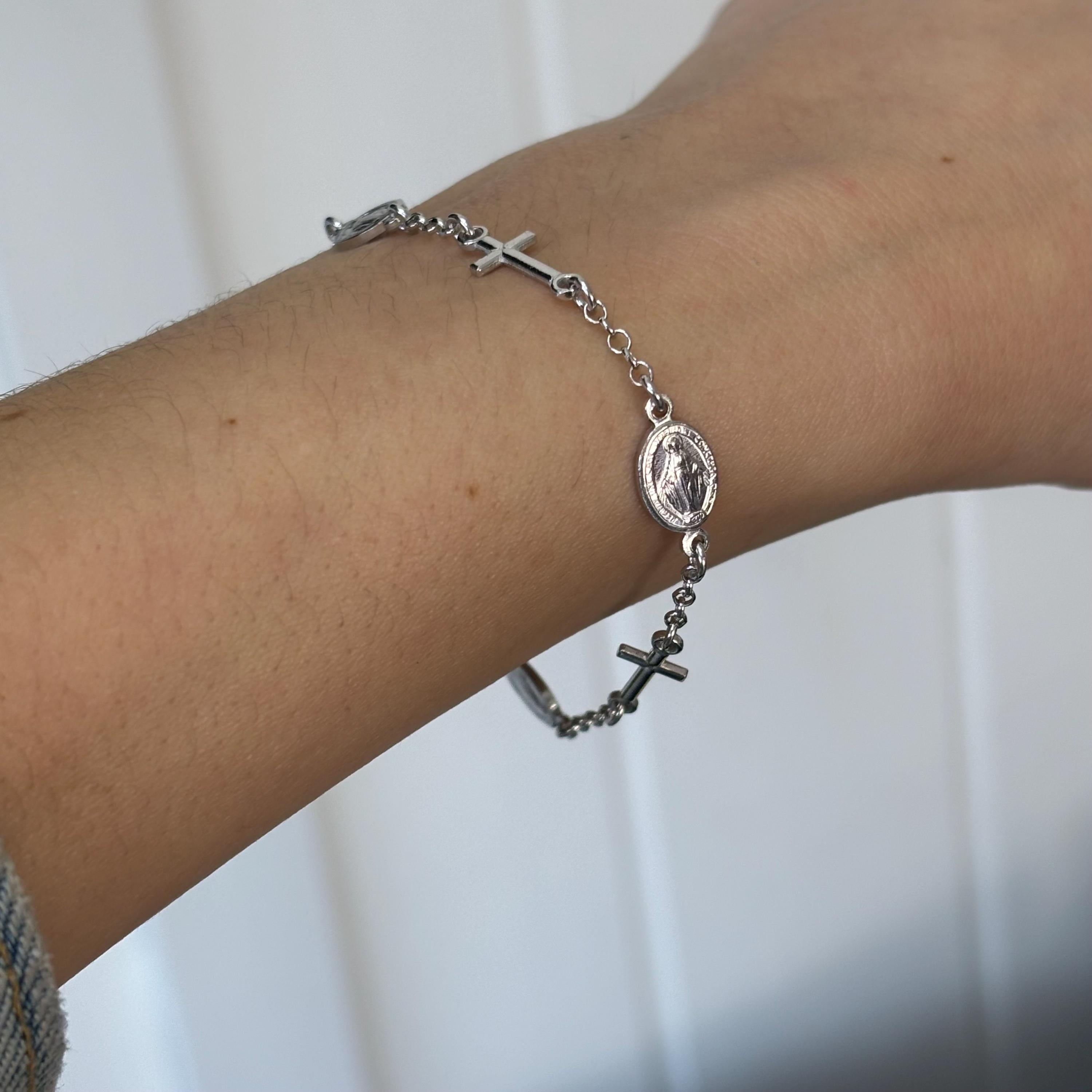 Sterling Silver Rhodium-Plated Miraculous Medal with Cross Bracelet