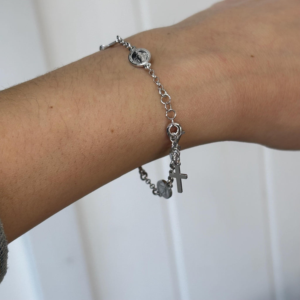 Sterling Silver Rhodium-Plated Miraculous Medal with Cross Bracelet