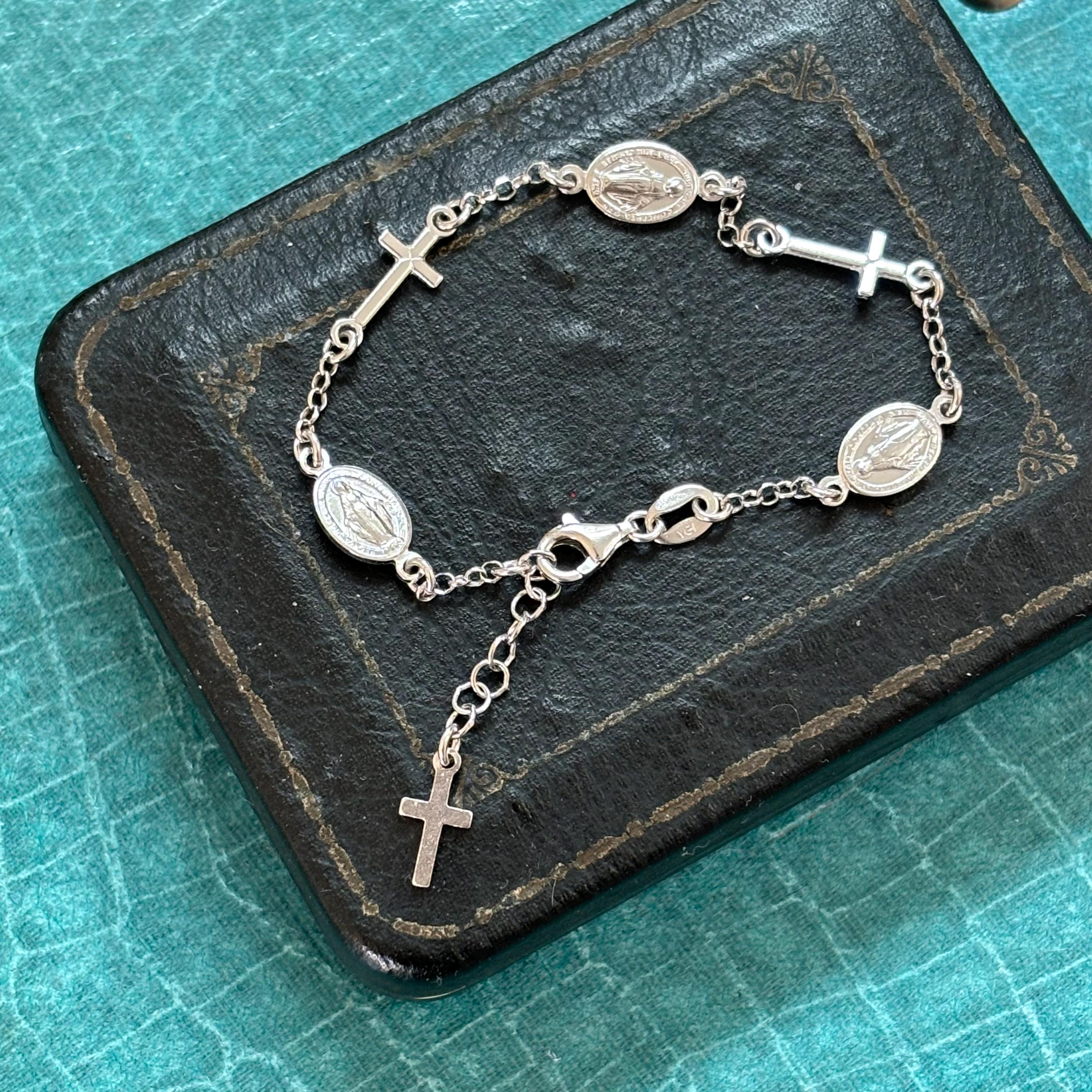 Sterling Silver Rhodium-Plated Miraculous Medal with Cross Bracelet