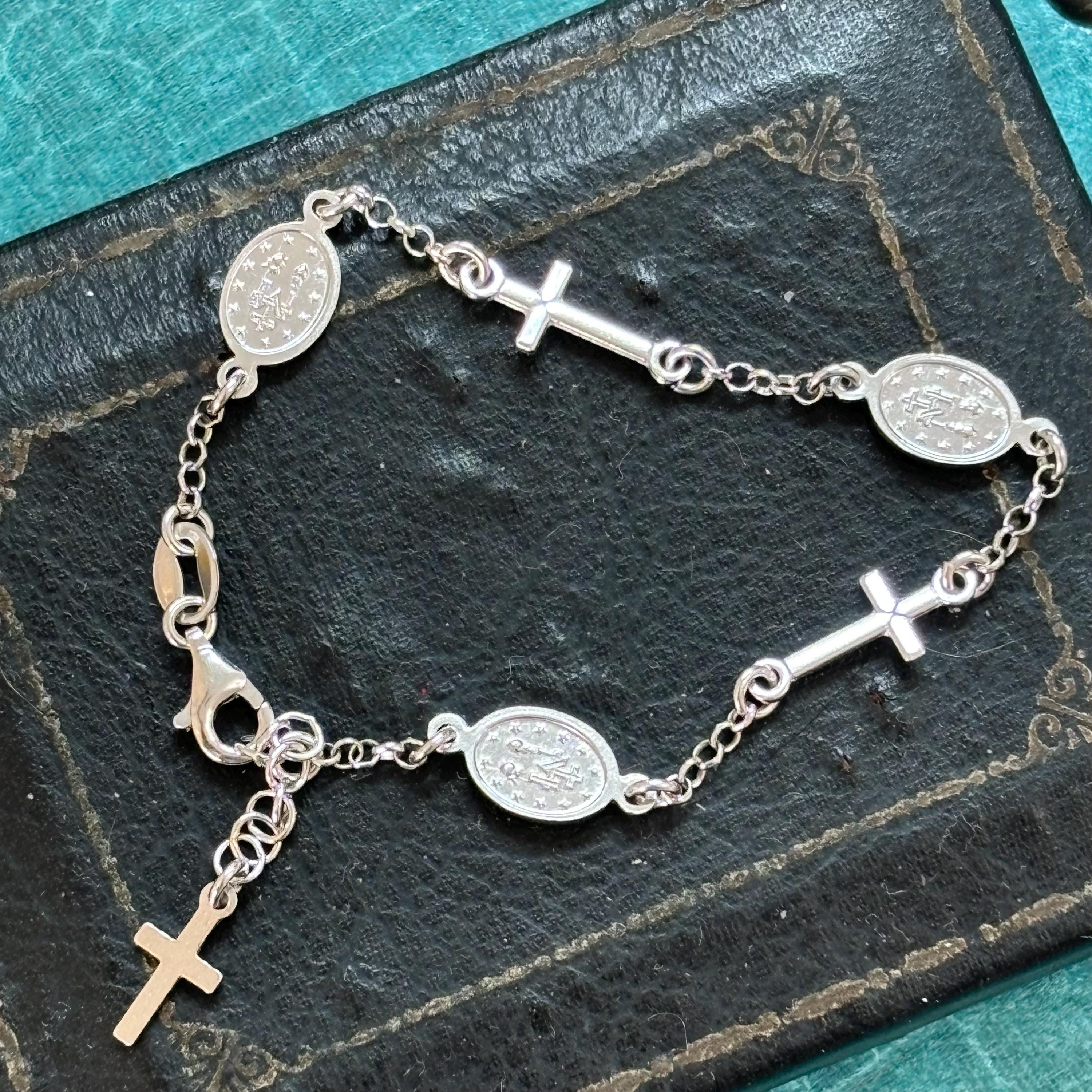 Sterling Silver Rhodium-Plated Miraculous Medal with Cross Bracelet