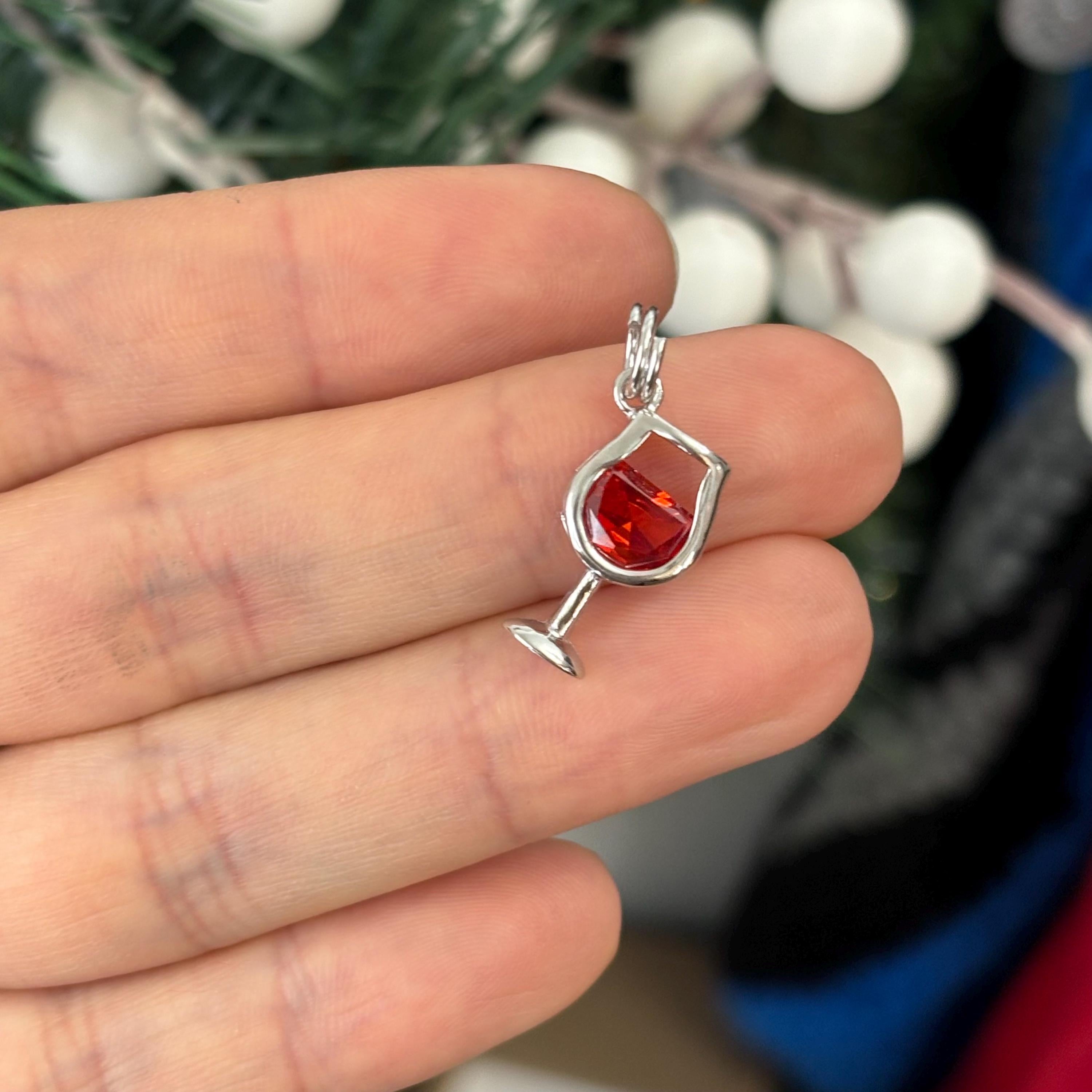 Sterling Silver Red CZ Wine Glass Pendant Charm Split Ring