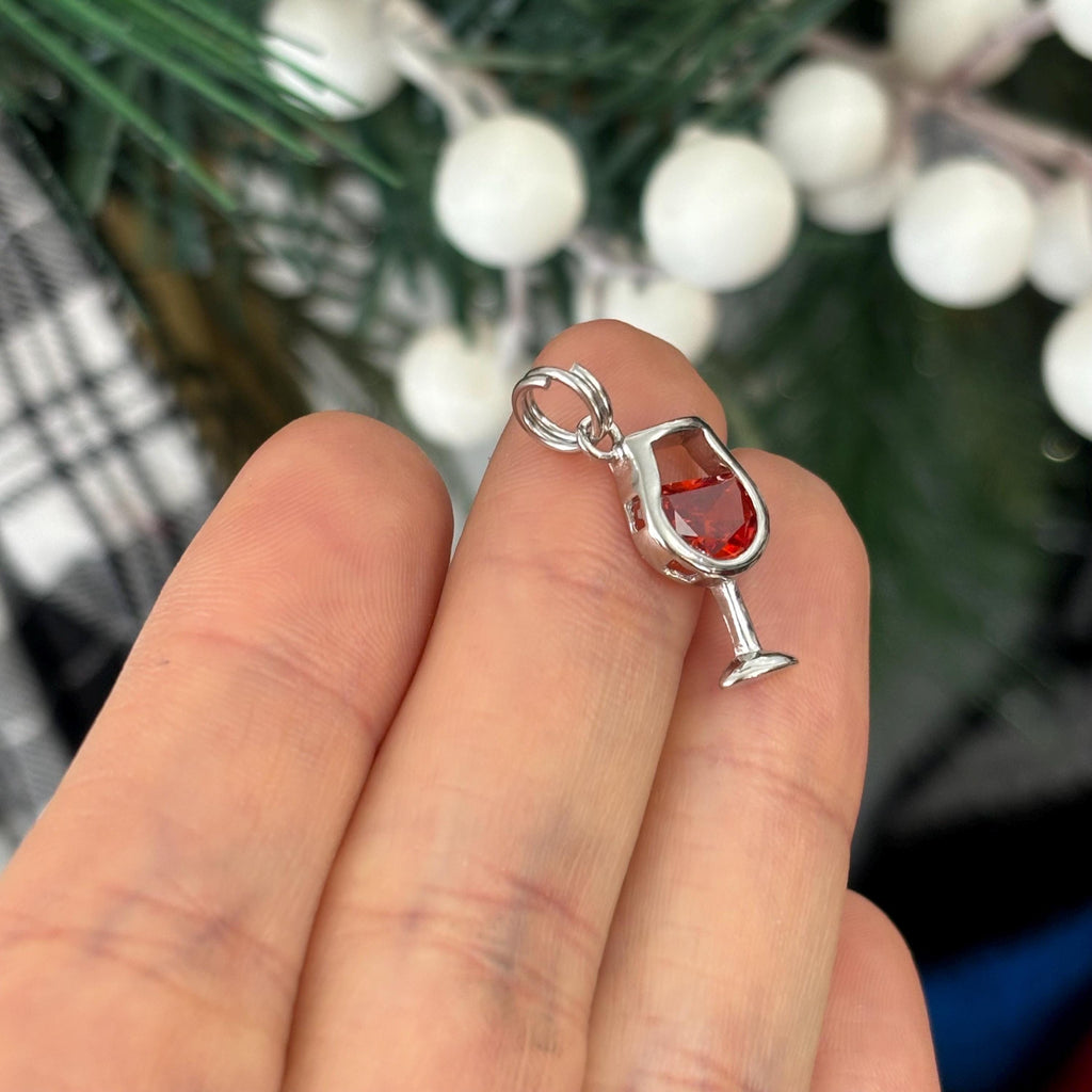 Sterling Silver Red CZ Wine Glass Pendant Charm Split Ring