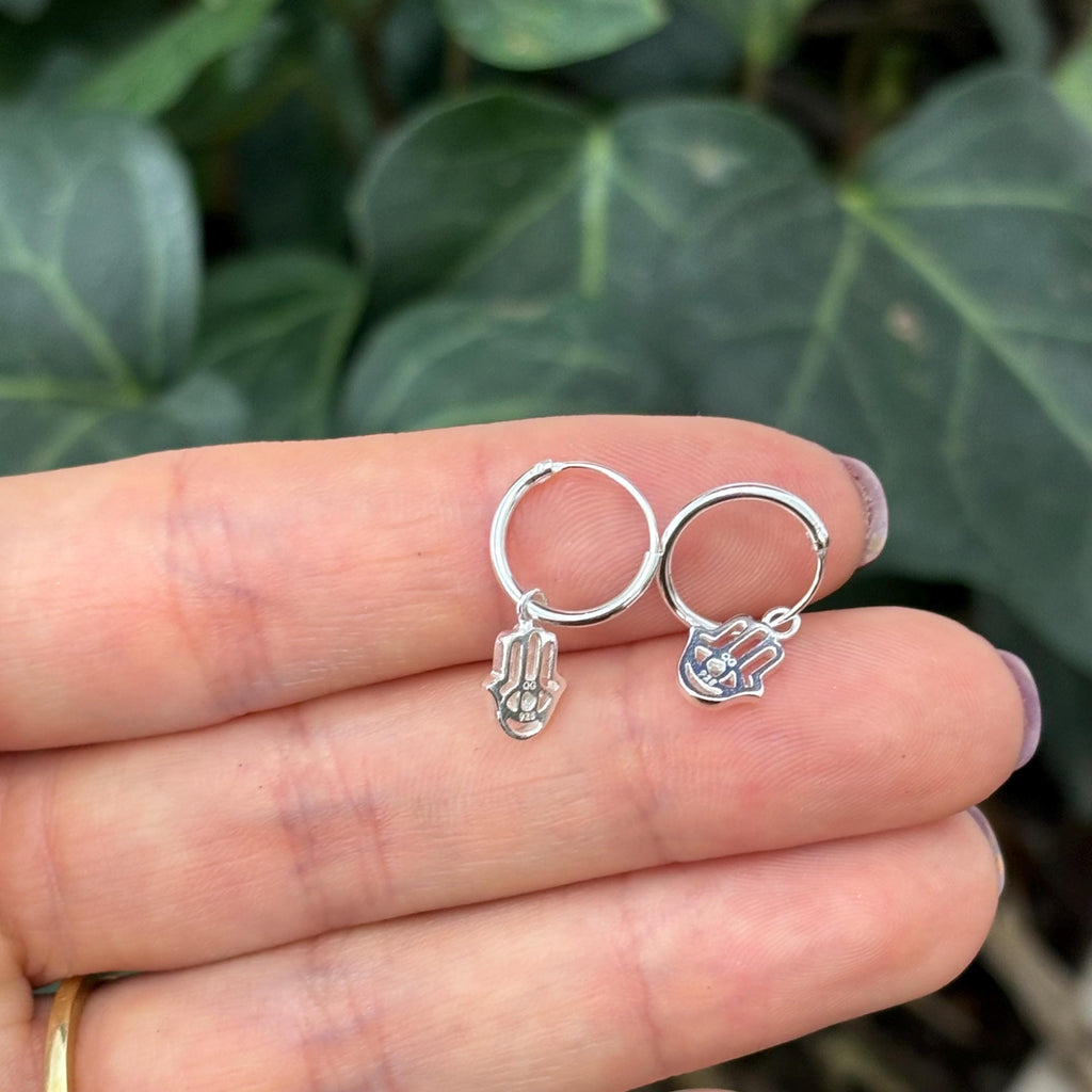 Sterling Silver CZ Hamsa Hoop Earrings 12mm