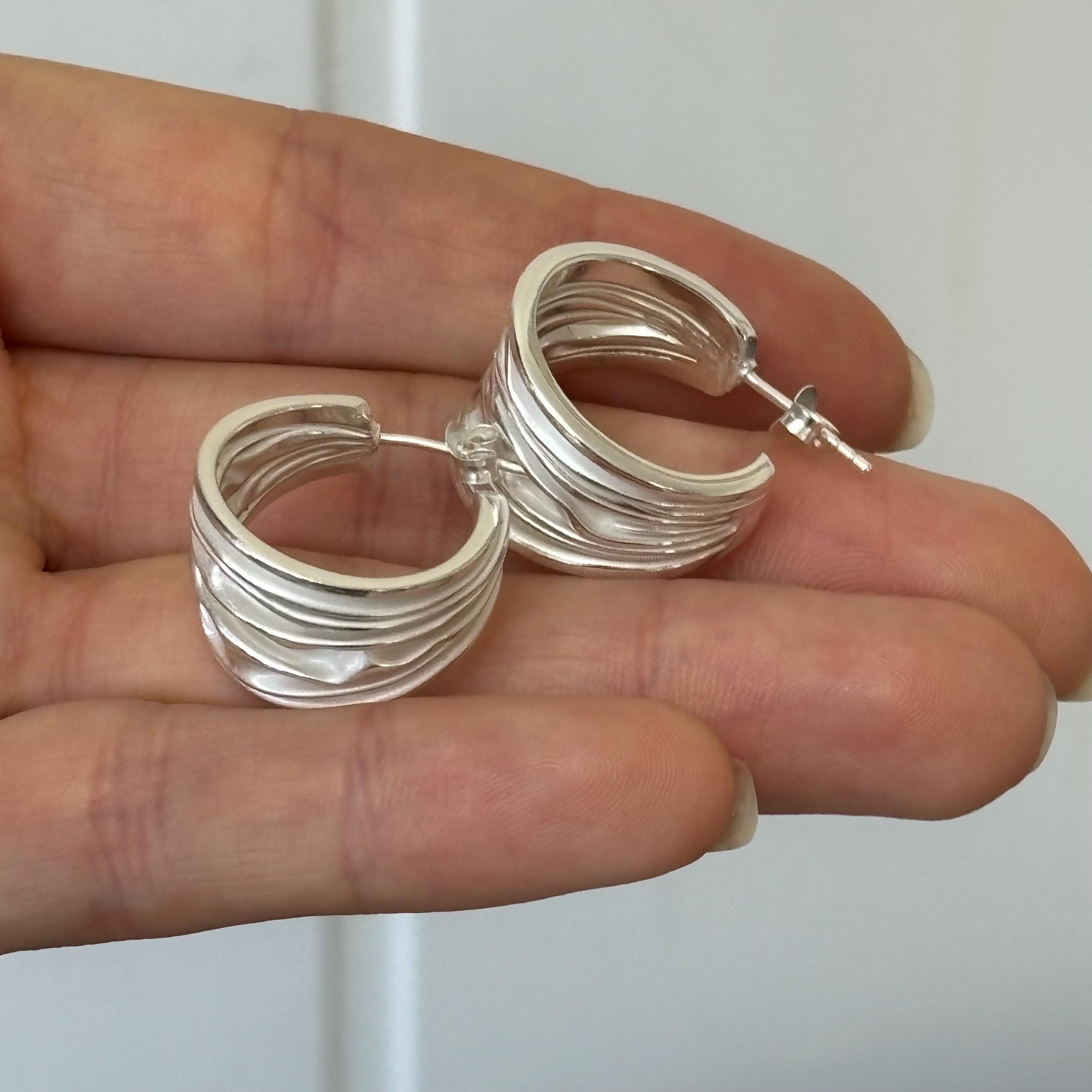 Sterling Silver Polished and Satin Rhodium-plated Textured Post Hoop Earrings